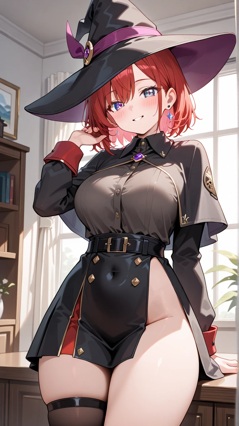 natural redhead woman, 1 woman, zoomed out, short curly hair, black cowboy hat, black uniform, full sheriff uniform, heterochromia, walking towards viewer, low angle, bare shoulders, sideboobs, ultra detailed, striped shirt, high leotard, long black coat, uniform trousers