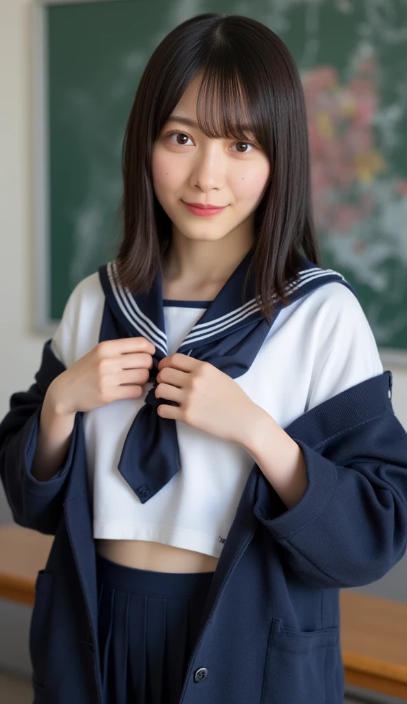 (masterpiece, highest quality:1.2), 8K, Young naive girl, 85mm,Official AR RAW Photos, baby face、small breasts、show me your ears、photo shoot, cute face, thin thighs, After school classroom, looking at the viewer, embarrassing、smile、no makeup, film grain, chromatic aberration, sharp focus, face light, clear lighting, Ten generations, detailed face, background bokeh、((((((17 year old high school girl))))))、Slim and muscular waist、sailor suit、navy blue kirt can be rolled up、Exposing pubic hair、sailor suitが捲られている、open the thighs、exposing nipples、She sits on a desk in the classroom, spreads her legs and opens her vagina with her fingers.、The inside of the vagina is visible