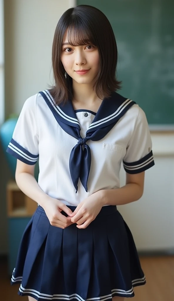 neat college girl, (school uniform, sailor uniform, ribbon tied at chest, summer uniform, upper body white, skirt is dark blue), outside the athletic field, (slim), photorealistic, detail, skin texture, ultra detail, delicate sexy collarbone, smile, super detailed face, detailed lips, detailed eyes, small breasts, small breasts, small, small, flat breasts, breast emphasis