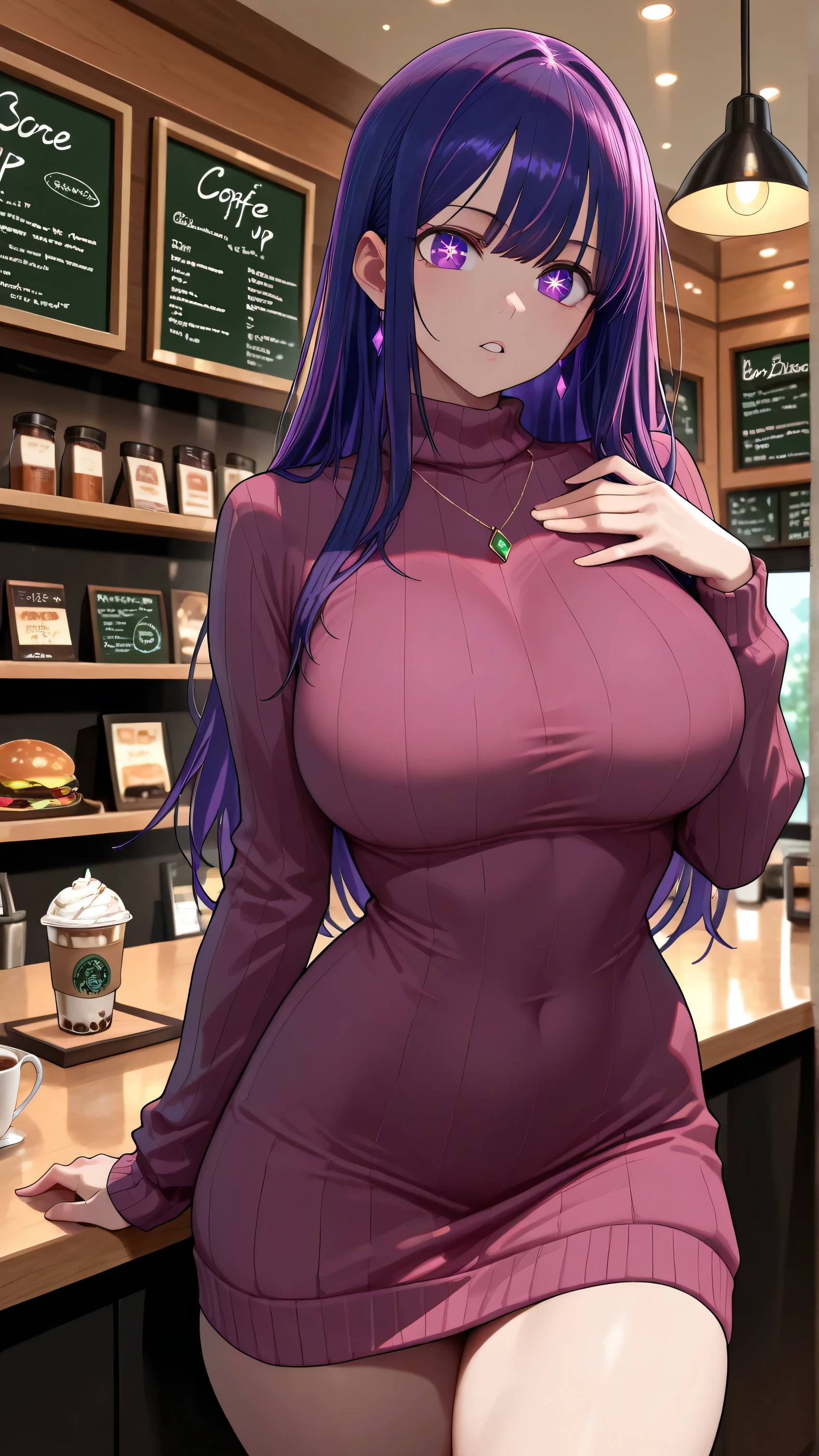 1 girl, red-purple hair, very long hair, violet eyes, beautiful eyes, big eyes, big lips, glossy lips, very curvy body, big breasts, long legs, big butt, wide hips, thick thights, defined image, seductive gaze, dressed cozy, cozy home, on the sofa, drinking a cup of warm tea, dressed in a warm cozy sweater, cozy outfit
