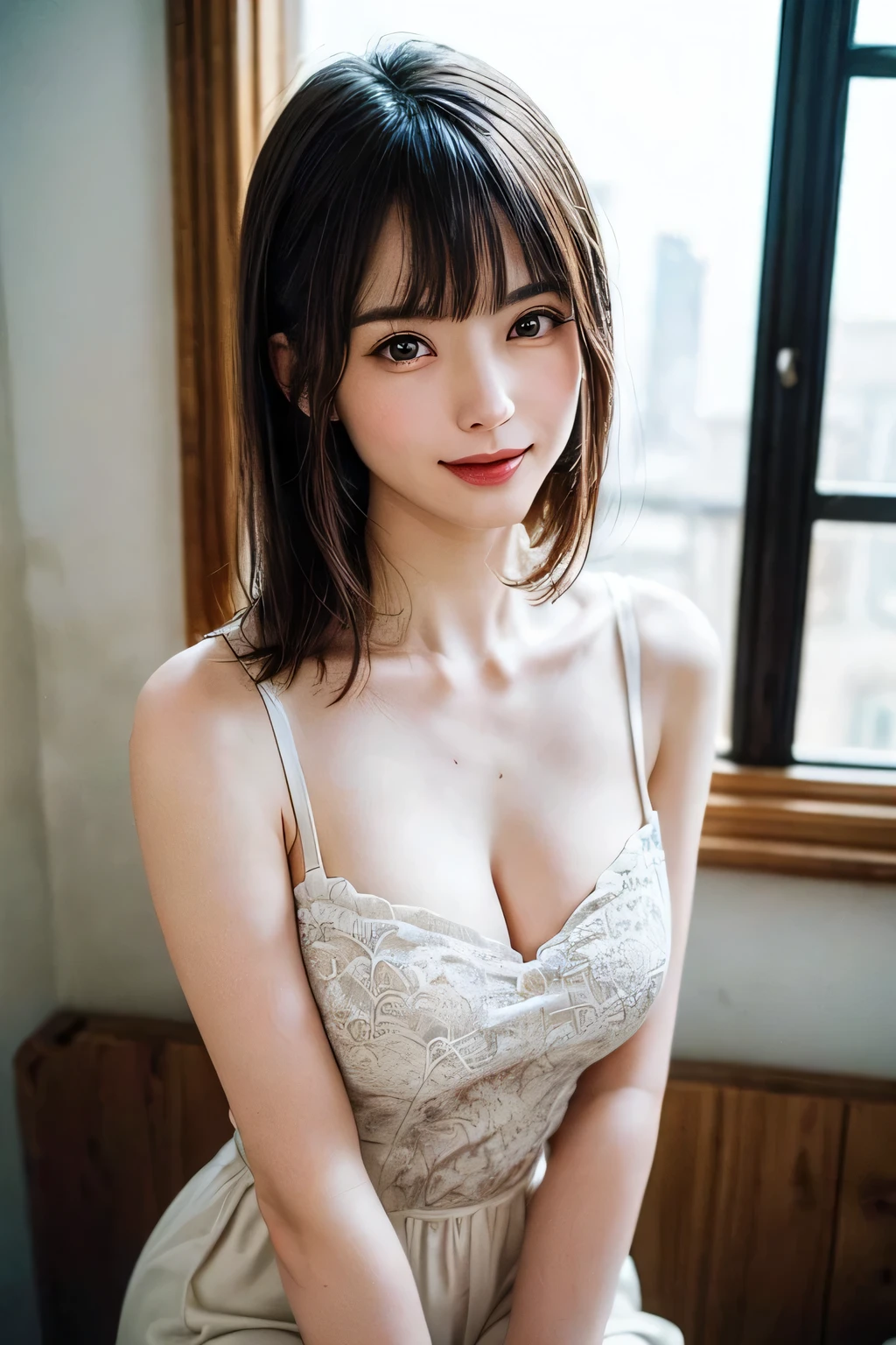 table top, highest quality, figure, Super detailed, finely, High resolution, 8K, 完璧なダイナミックな構figure, detailed and beautiful eyes, white dress,medium hair, middle of chest, natural color lip, random sexy poses,smile,tower apartment