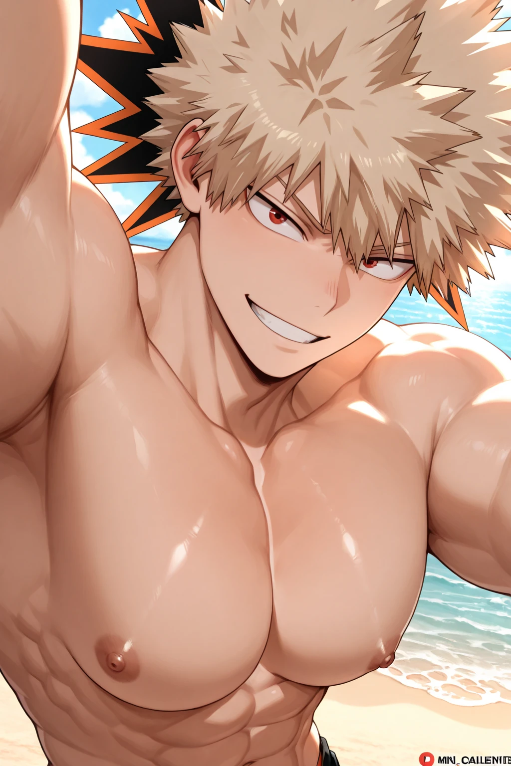 Create shirtless bakugou by taking off your beach shorts