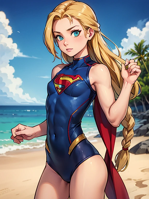 prompt: supergirl in bikini,nude pussy,beautiful detailed eyes,beautiful detailed lips,bikini with vibrant colors,confident and fierce expression,long flowing hair,fit and toned body,tropical beach backdrop,soft and golden sunlight,crashing waves,relaxed and carefree pose,sand between her toes,sparkling sea water,ultra-detailed,highres,photorealistic,studio lighting,vivid colors