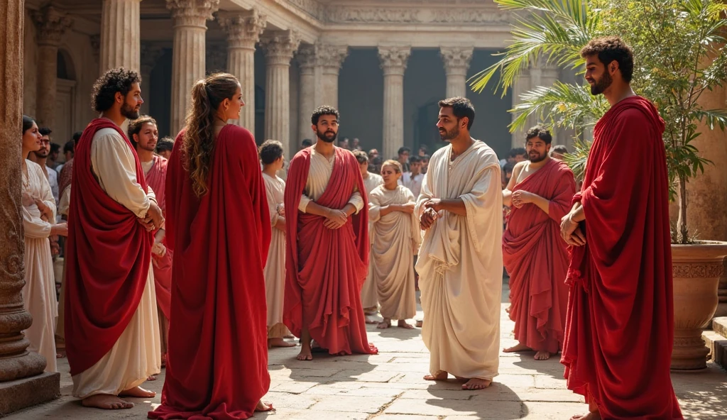 Greek woman sitting in the center of the Greek square talking with philosophers( Ancient Greece)