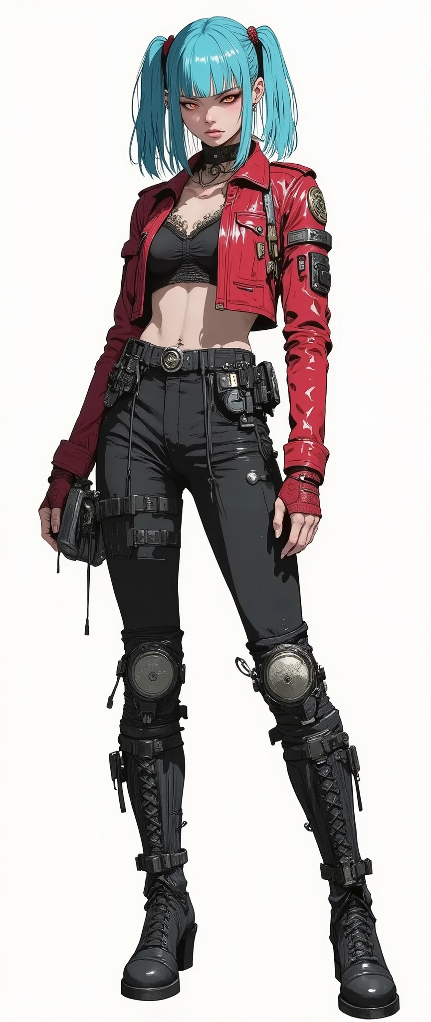 masterpiece, latest, very aesthetic, A very beautiful 28 year old adult woman, sexy body, curves, big legs 'Bayonetta' body style with a mixed-race oriental face, straight hair with two side bangs on the face, cyberpunk style, blue hair and medium length, she is wearing post-apocalyptic cyberpunk style leather clothes, black military clothes, [[Black clothes]] she wears a short red leather jacket with a high collar with a neckline, she has military accessories on her legs, couldres, with some futuristic accessories, steampunk clothes, dark fantasy clothes, [[she is wearing combat boots]], anime features similar to the anime 'Vampire Hunter D Bloodlust', , rossdraws 2.0, high quality image, adult style anime, reminiscent of the anime of the 90s. 3 tones, serious look, high resolution, 3 color tones, cell tone, high contrast, no gradient, FRONT VIEW [[[ SHE IS IN THE FRONT]]] , [[Full body]] [[Image showing her entire body from head to toe]] [[Full body]]] , masterpiece, high resolution, anatomically correct, high quality, anime style drawing 'blade&soul'. anime lines, rendered in the style of the anime 'Vampire hunter D', 90s anime style cel shaded flat color shading, [[White background]] [[The image is a character presentation, it shows her from the front and also from the side in the same image]]