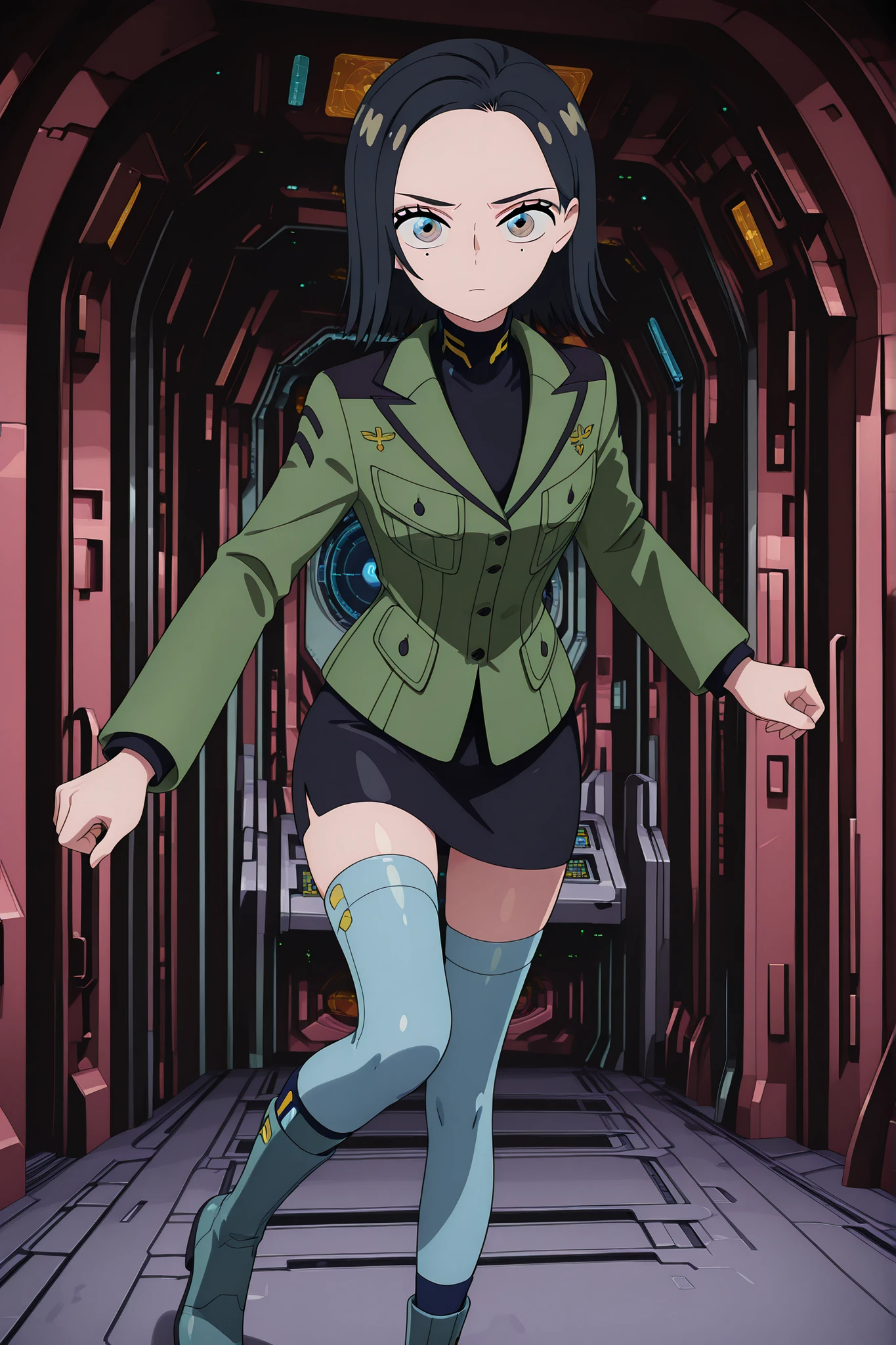 (masterpiece), best quality, amazing quality, very beautiful, incredible, latest, perfect body, glowing skin, perfect eyes, detailed gaze, anime style, action pose, inside the bridge of a spaceship
1 girl, looking at the viewer, Komori Harcourt, black hair, short hair, blue eyes, brown eyes, mole under eye, military uniform, green jacket, black miniskirt, black pencil skirt, zettai ryoiki, blue knee socks, blue shoes, boots