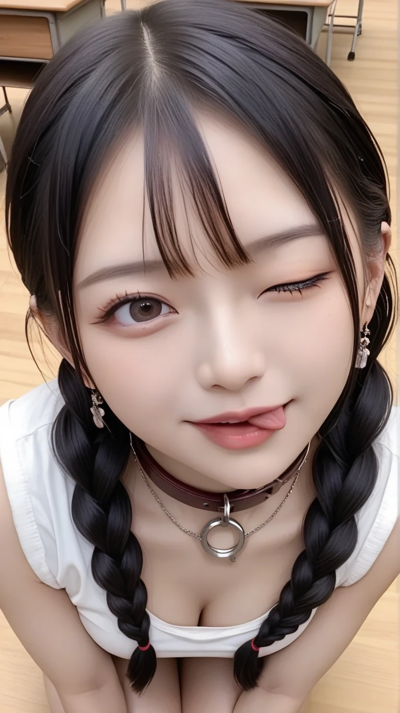 (Highest resolution, clear_Image 1.2) 、(Beautiful girl with golden ratio face)、(14-year-old girl)、(very vivid eyes、wolf eyes 1.2)、wonderful, Tabletop, High Detail, Lip gloss、(((Twin-tailed rabbit style)))、very beautiful girl、 alone, beautiful girl like a model、(long sleeve sailor suit、Very fine pleated scarf, Beautiful and detailed, Beautifully detailed nose,((((Licking tongue)))、Top quality photo masterpiece、Amazing realism photography、Surrealist female portraits by David Hockney and Alphonse Mucha,
