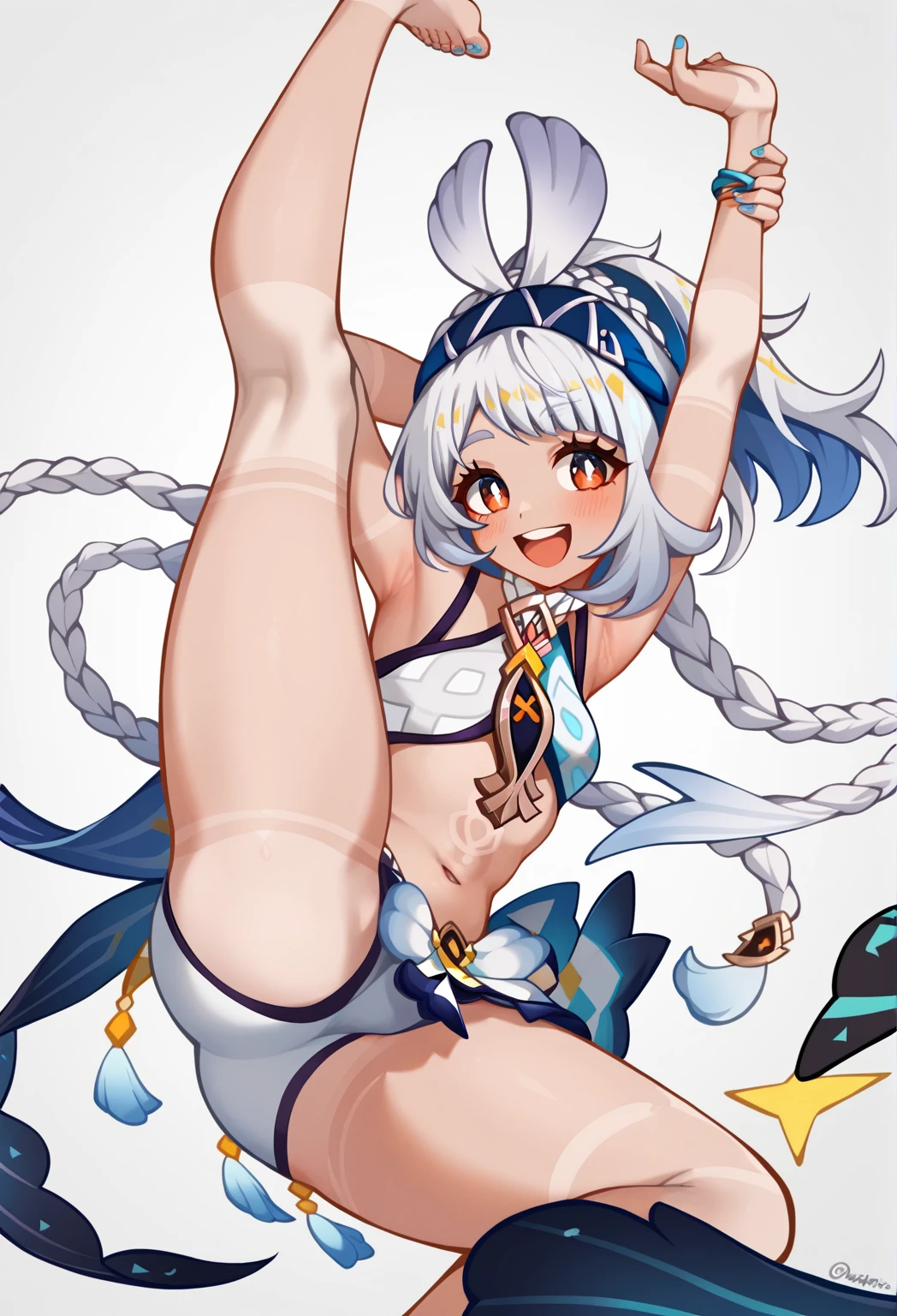 mononobe no futo, One Girl, Long sleeve, Sleeves edged with ribbon, Gray Hair, blue eyes, Proud face,
Underbust,  Small breasts, Spread your legs,Butt,Thighs,Plump，milk,Underarm,Underbust，vapor，High Leg，Low Angle,No underwear,vagina,Female organ,semen，smile，Spread your legs，Buttの穴,Lean back