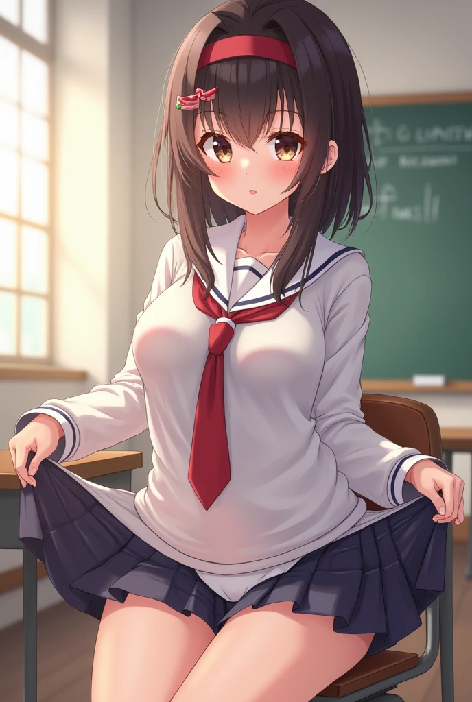 masutepiece、​masterpiece、top-quality、ultra-detailliert、hight resolution、hight resolution、8K Portrait、Unity 8k壁紙のhigh-detailCG、Unity 8k壁纸、Cute little:1.5、Lori:1.5、Highly detailed CG Unity 8k wallpaper、逼真、realperson、Cute little、 Portrait photos、shinny skin、high-detail、(sixteen years old:1.2)、(女の子1人)、Beautiful clear eyes、Ultra-fine depiction、delicated face、Lovely lips、skinny  body、Big breasts thin waist、Thin leg、(school classrooms:1.6)、
1girl in, Cute, Perfect face, Seriously, (blush:1.5),
Big breasts,((School Uniforms:1.2)),(((Clothes lift:1.5))), (((Nipples))), Detailed description vagina,Show vagina,Spread legs,spreading pussy,((cum in vaginas:1.5))