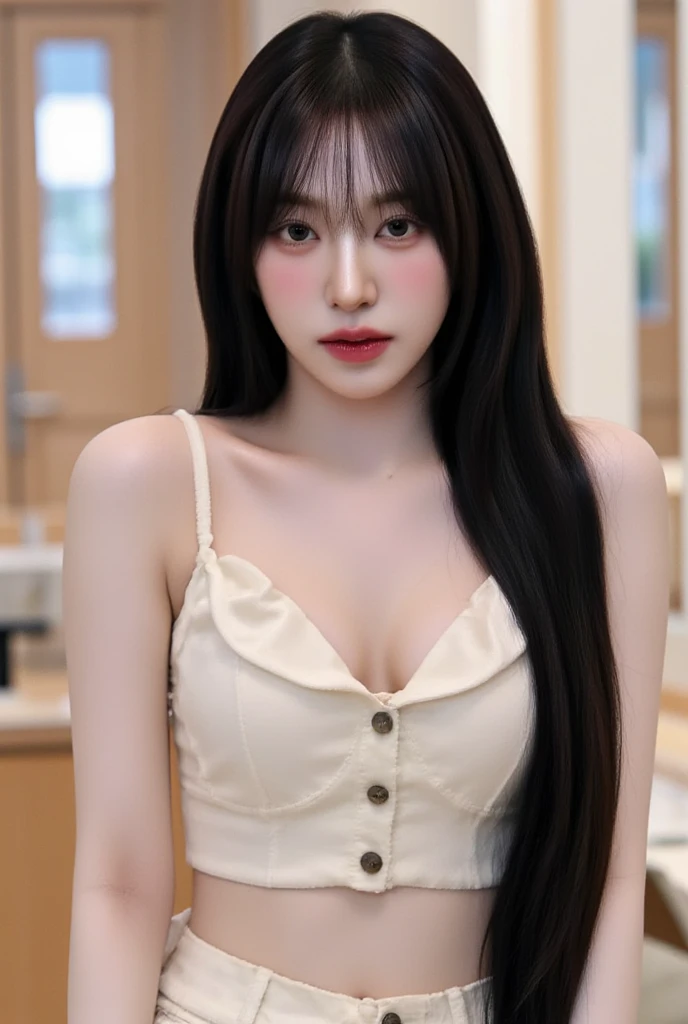 (Flirting black color slip dress), absurdres, RAW photo, extremely delicate and beautiful, masterpiece, Best Quality, ultra high resolution, 32k, hyperrealistic, ultra-detailed, perfect anatomy, perfect figure, Perfect skin, super Detailed skin, muted coral blush, Closed mouth, 20 years old, very Slim body, narrow waist, very small head, very small face, delicate facial features, tearful mole, earring, thin legs, bare legs, (((very huge round breasts))), short medium hair, brown braid hair, ((wavy hair)), (1girl:1.3), (Anatomically correct), (Plump nipples), day light, ((coffeeshop)), sitting, Attractive pose,