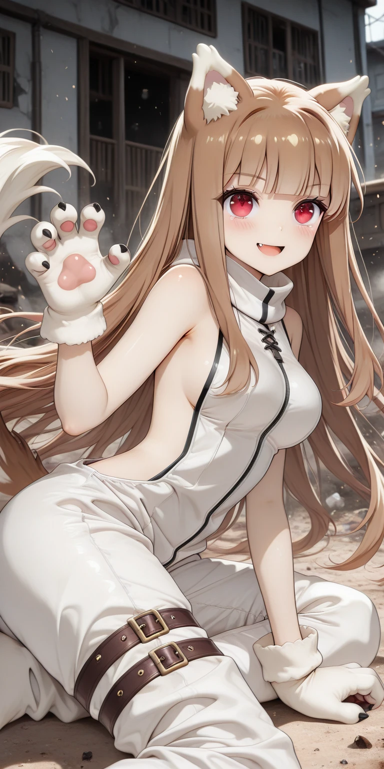 female:1.2), hyper realistic, masterpiece, detailed texture, detailed face, detailed skin, detailed lighting, (photorealistic:1.5), best quality, beautiful lighting, professional lighting, ultra highres, realistic, detailed hair, real hair, high quality, (realskin:1.5), extremely detailed, finely detail, ultra-detailed, 1girl, little girl, (yellow eyes), blushing, little opened mouth, long hair, brown hair, bangs, kitty ears, chair in neck, small breasts, sitting, simple background, cuffs, white dress, kitty glove paws, sleeveless dress, tail, barefoot, short dress, slave, paw gloves