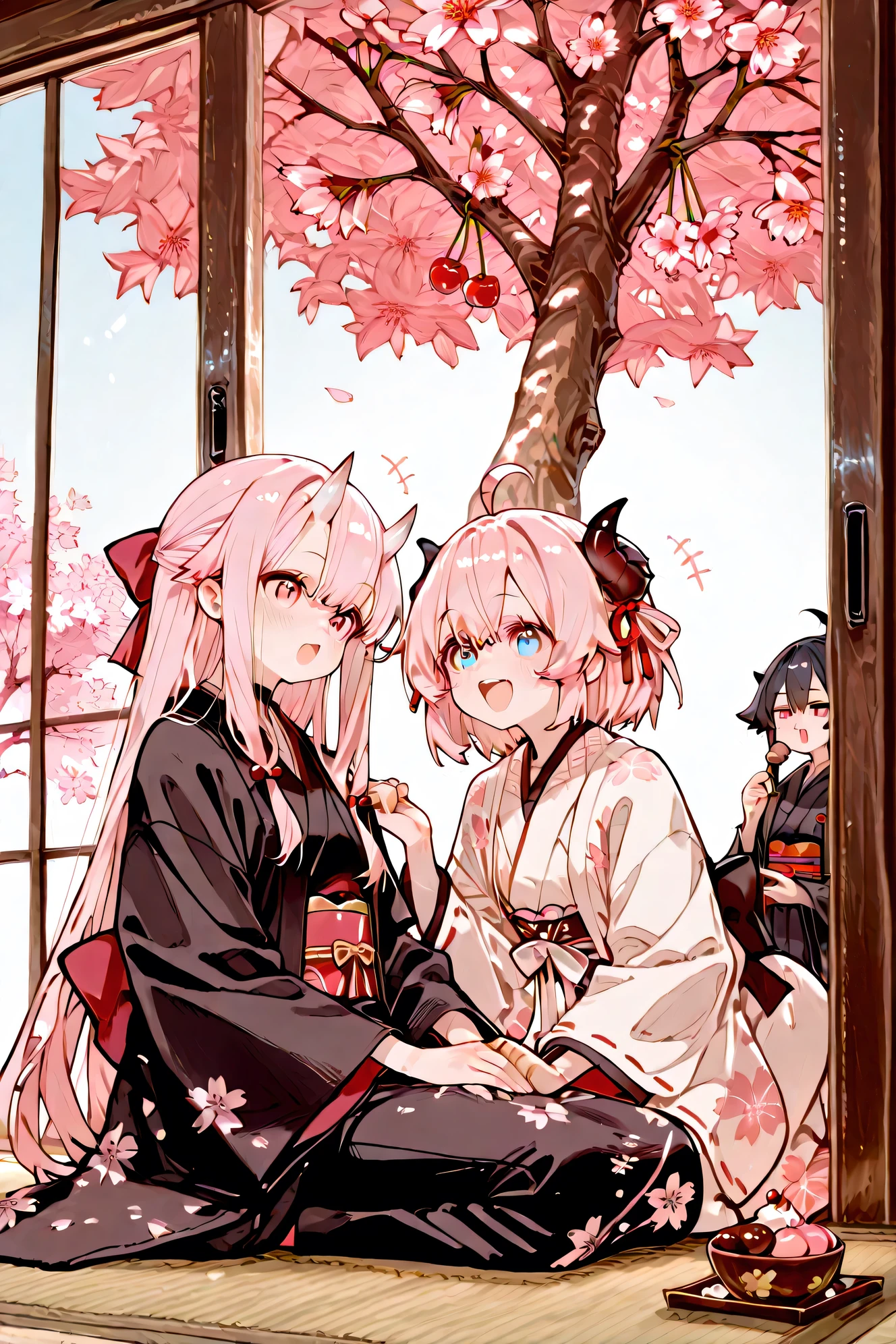 top quality、masterpiece、In a peaceful rural garden、引退した美しい女性のwizardと人間の姿をした元 Demon Kingが縁側でお茶を飲んでいる、Japanese sweets and tea confectionary are placed in a peaceful rural garden、peaceful scene where 2 people laugh、cherry blossom tree in the background、wizard：Japanese-style robe and haori、Hand knitted lap cover、 Demon King：Black Kimono、The horns are smaller and the eyes are soft、cute