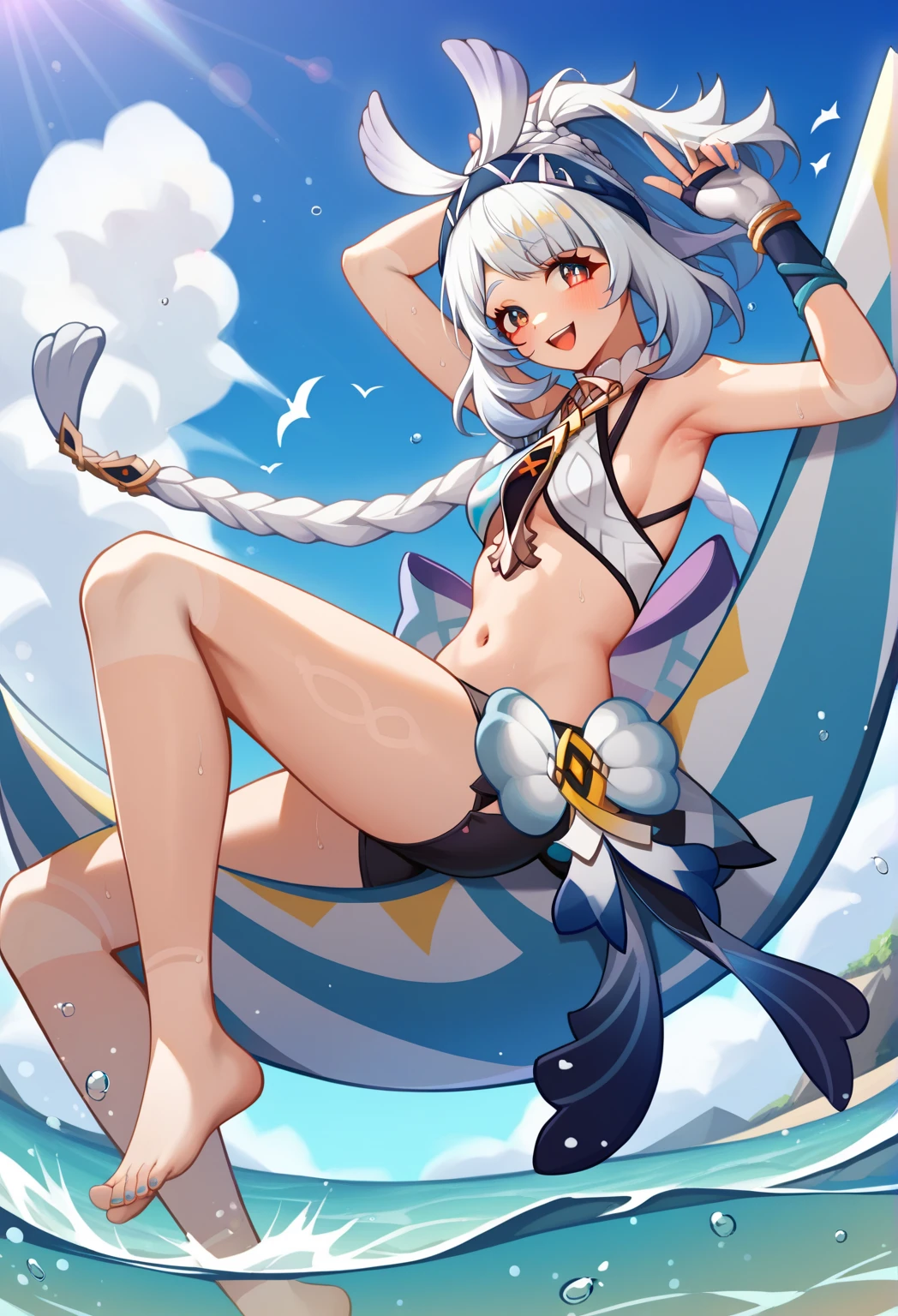 super high quality,Amane Kanata,,naked,naked足,nipple,Pussy,M-shaped spread legs,Put your hands on your stomach。,,slender body,small breasts,whole body。short hair,On playground equipment,high heels,plump face。Pee。leak