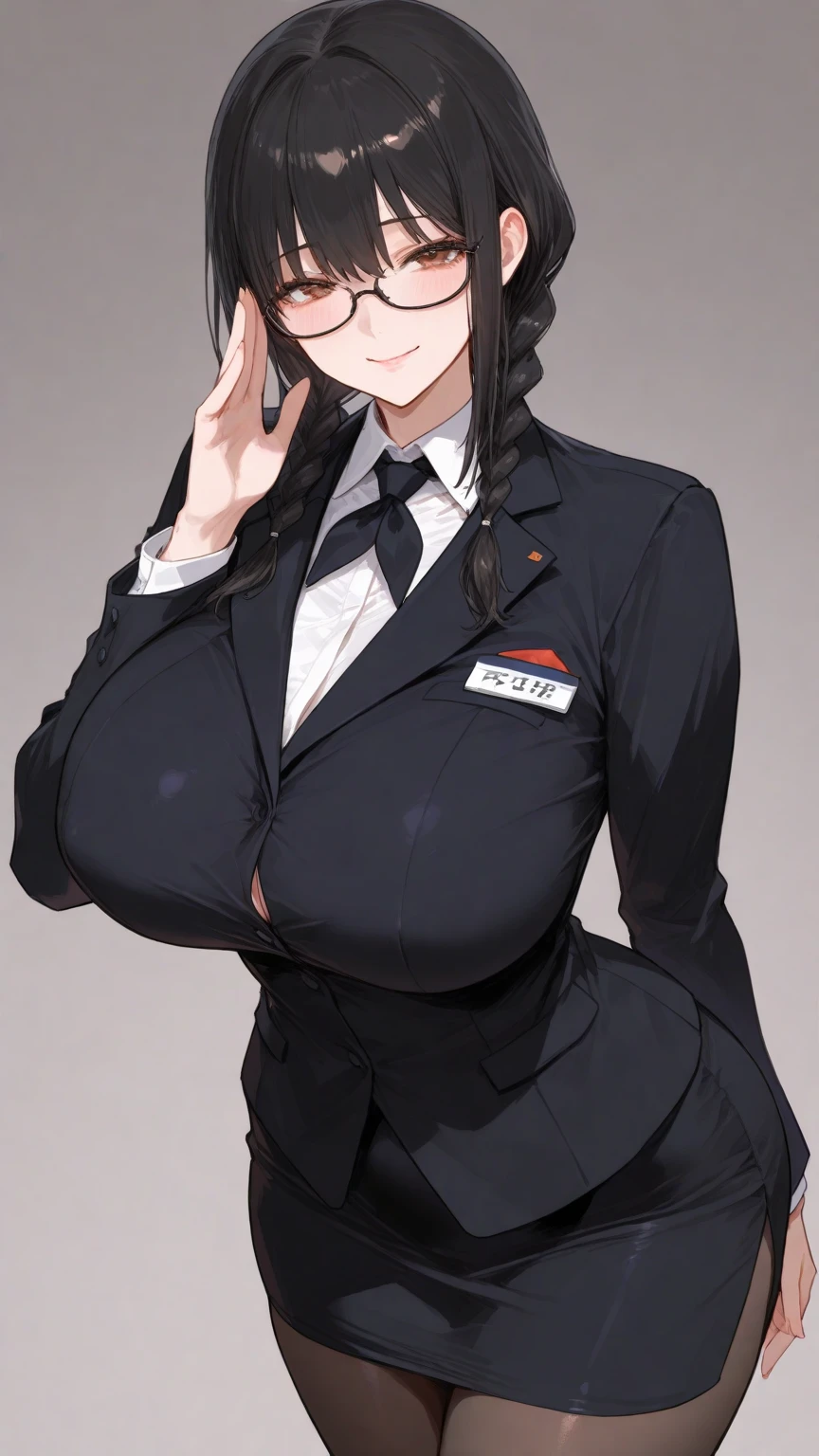 A woman wearing a ribbed dress with a name tag on the chest, hinata hyuga, thick, tits, (software) safe for work, have big breasts, revealing clothes, Spy x Family Anya, thin neck, breasts covered and software, fully clothed!!!, have big breasts, black haired, anime moe art style