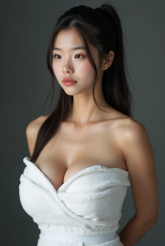 Swarthy Asian Girl with dark brown hair in tight-fitting narrow white shirt seen nipples 