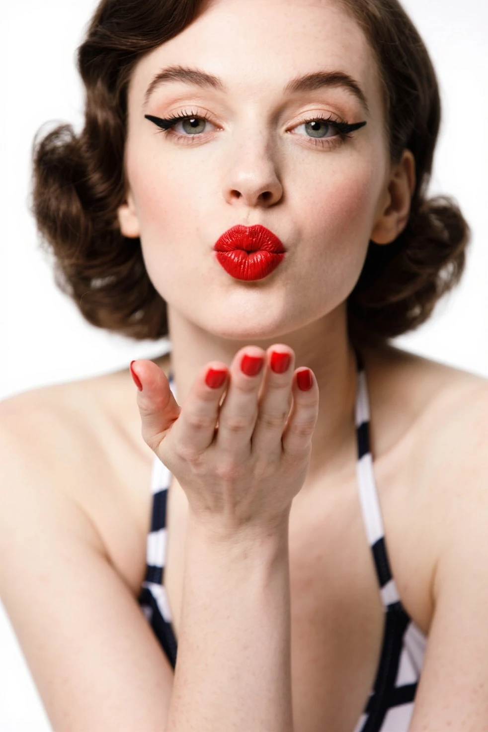 pin-up, playful smilling girl in a red dress with large polka dots, open mouth, wondering pose, pin-up hairstyle, medium breasts, juicy lips, professional photo, Photorealistic, White background