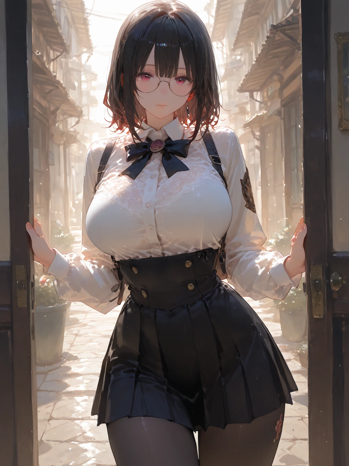 Hi res, masterpiece, 8k, teenager girl, curvy body, huge tits, blue short hair, dark green eyes, happy face, left eyes covered by white eyepatch, white laced long gothic blouse, white laced long gothic pleated skirt, black laced stockings, black high heels, an open laced black umbrella in her left hand, standing, raining weather, outside in a park, stone fountain in background, sakura tree in background, day