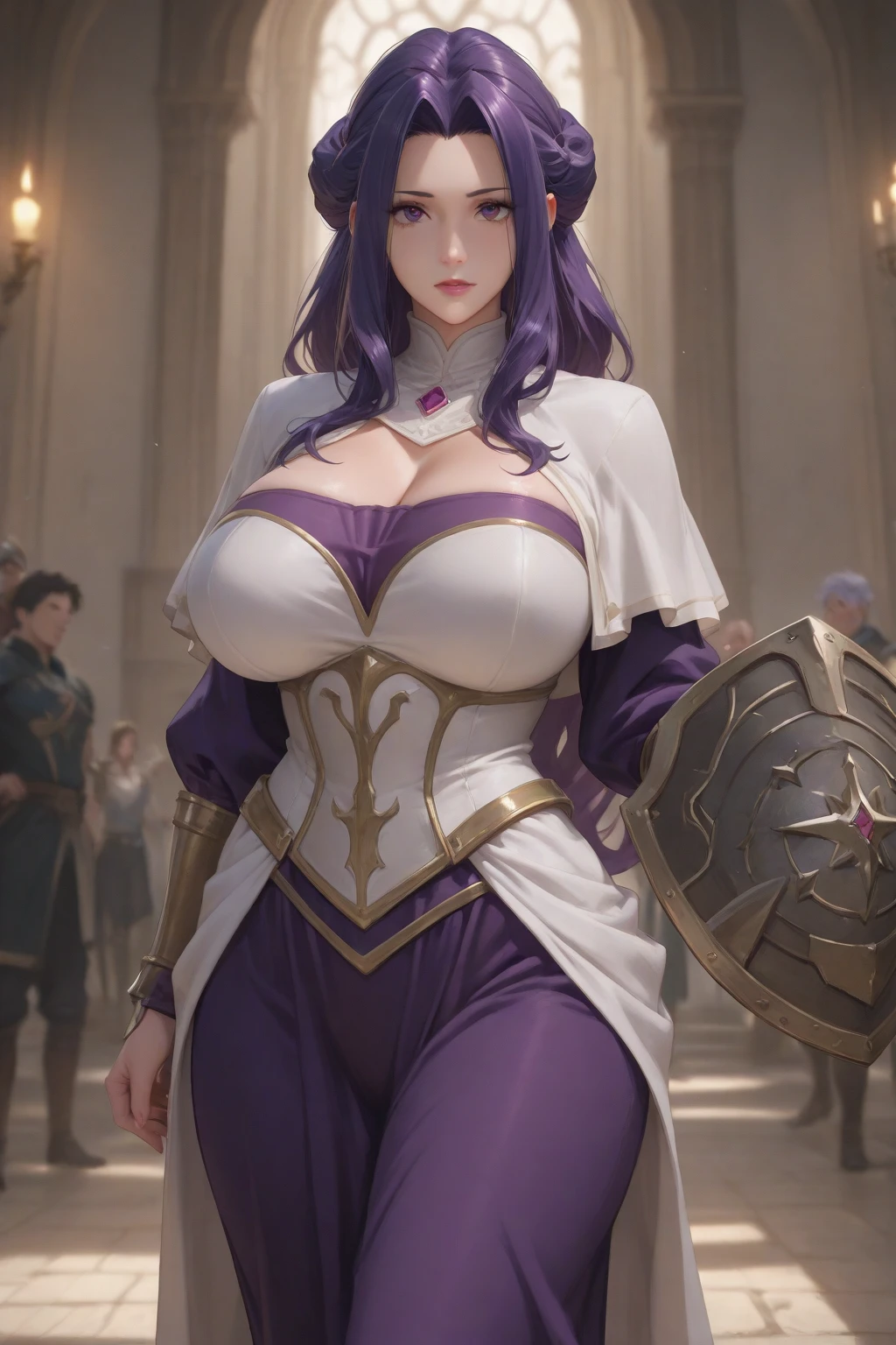 Beautiful mature woman, purple hair, blue eyes, thin frame eyeglasses, extremely long hair, messy hair, hair covering one eye, freckles on face, smiling, blushing, thick lips, full lips, huge breasts, extreme cleavage, deep cleavage, very thin body, muscular abs, fantasy armor, midriff, thigh boots, heart shaped choker, seductive pose, standing, modeling, perfect anatomy, ultra-detailed, 4k, 8k, best quality, masterpiece, detailed background, fantasy castle background