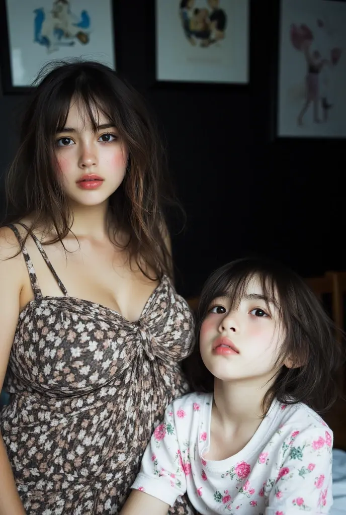 2 girls, small breasts, baby face, realistic, cute panties and bra, photoshot, Earrings, (((Trendy hairstyles)))