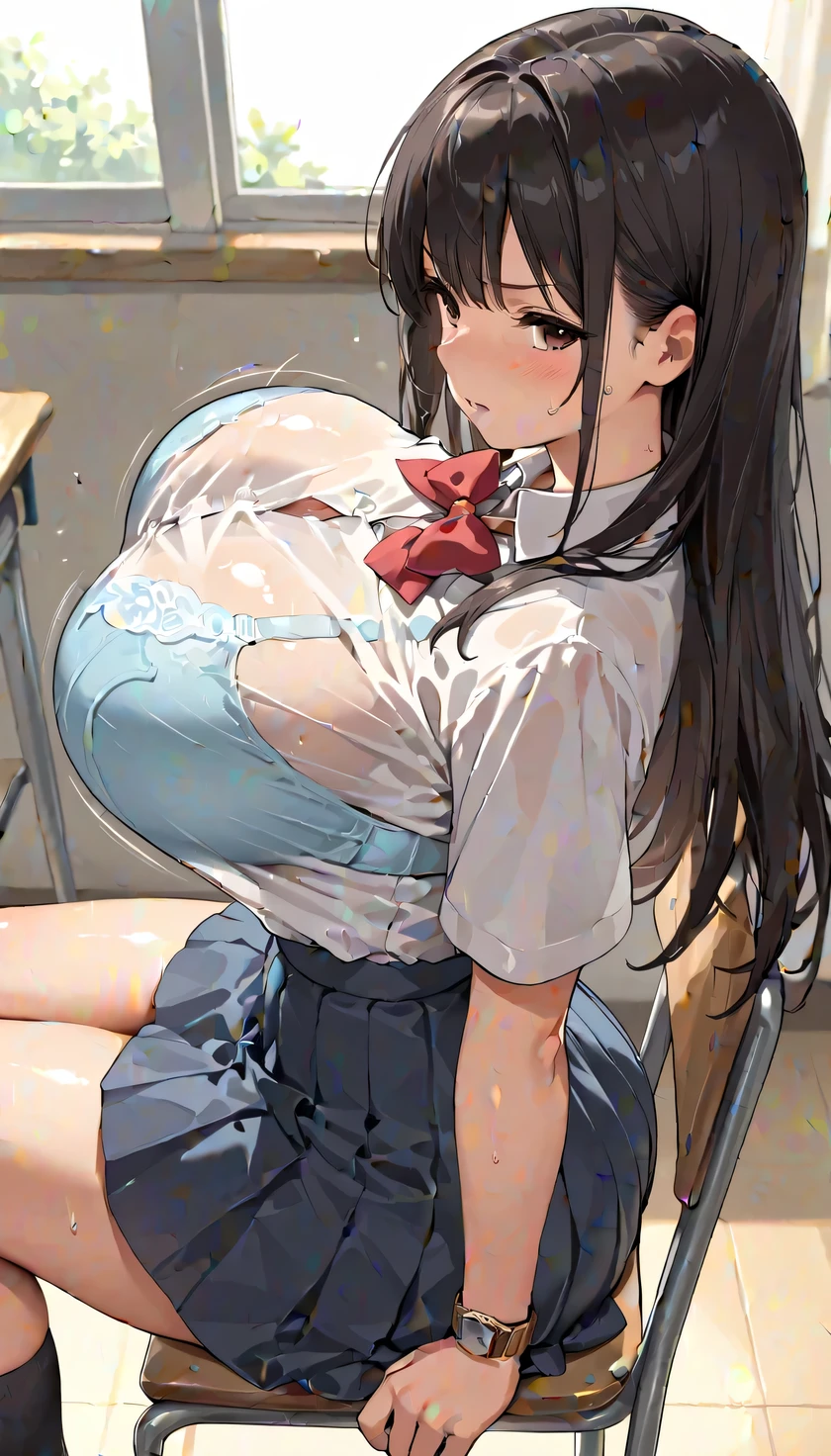 masterpiece, best quality, amazing quality, very aesthetic, absurdres, newest, scenery, volumetric lighting, depth of field, Shiny Skin,Secretly watch viewers,
1girl , female middle school student,younger sister, school uniform,bra visible through clothes ,Mr.々Hairstyle, indoors,school,classroom,(sitting school chair),excitement ,(Impact),sweat,frustrated,(Frustration),( very horny ),( are in estrus),(love the viewers),
masterpiece, best quality, amazing quality, very aesthetic, absurdres, newest, scenery,(delicate),large breast,(round breast:1.1),(nalow waist:1.3),(big tits,big hips:1.2),(bouncing boobs:1.4),(Soft Breasts),(big tits,big hips,wide hips),(breast close-up:1.4),slender,(dynamic angle),(from above:1.4),(Voyeur:1.2),(Her view from side), depth of field