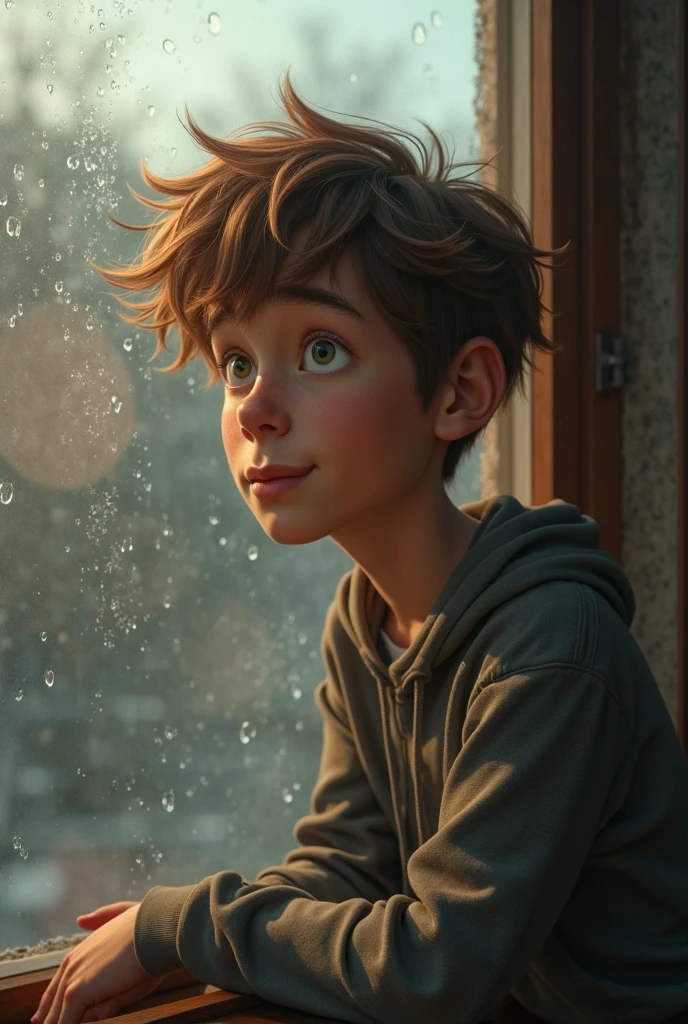 image of a boy, 15 old, , on a riverside, with cool clothes, smiling, looking at each other realistic, cinematic