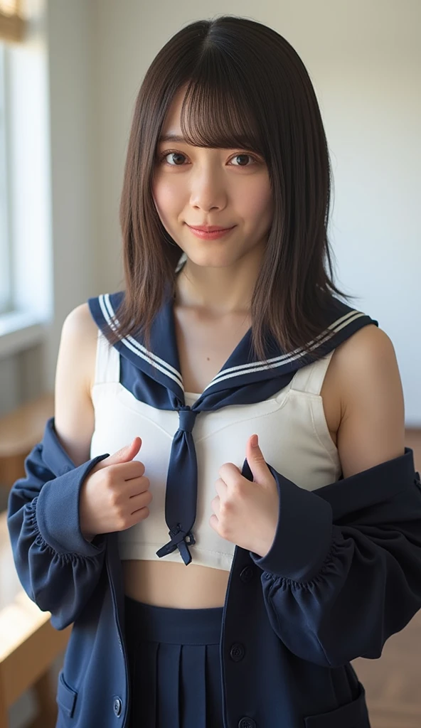 (masterpiece, best quality, beautiful quality, photorealistic, looking at viewer, detailed lighting, extremely detailed skin, extremely detailed teeth, shadows, 8k:1.2), (a picture of a woman, 1girl, black hair, sailor uniform, navel:1.2), <lora:Sarina Kashiwagi:0.8>, <lora:add_detail:1>