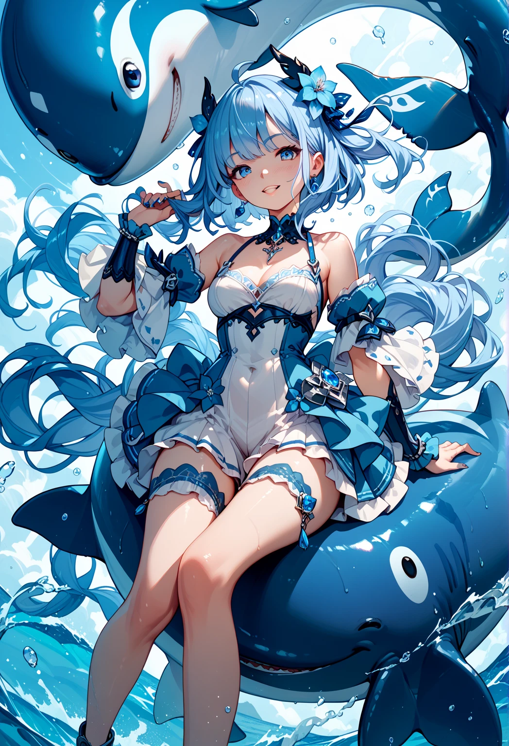 8K，Underwater，airbubble，The body of a mature woman，Ray traching！，1girll，blue color eyes，long  white hair，Flying blue butterflies，Sexy swimming costume