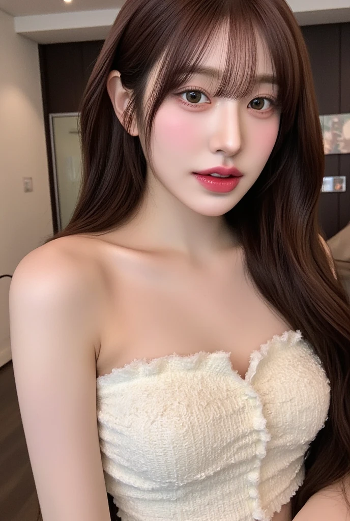 Charming, has wavy hazel brown hair and parted bangs. sharp sea blue eyes, sharp nose, soft pink lips, and slim has white skin, thick straight eyebrows, is sleeping in a pile of pink roses, is tied by a chain and his hands are also tied and bleeding.then add effects