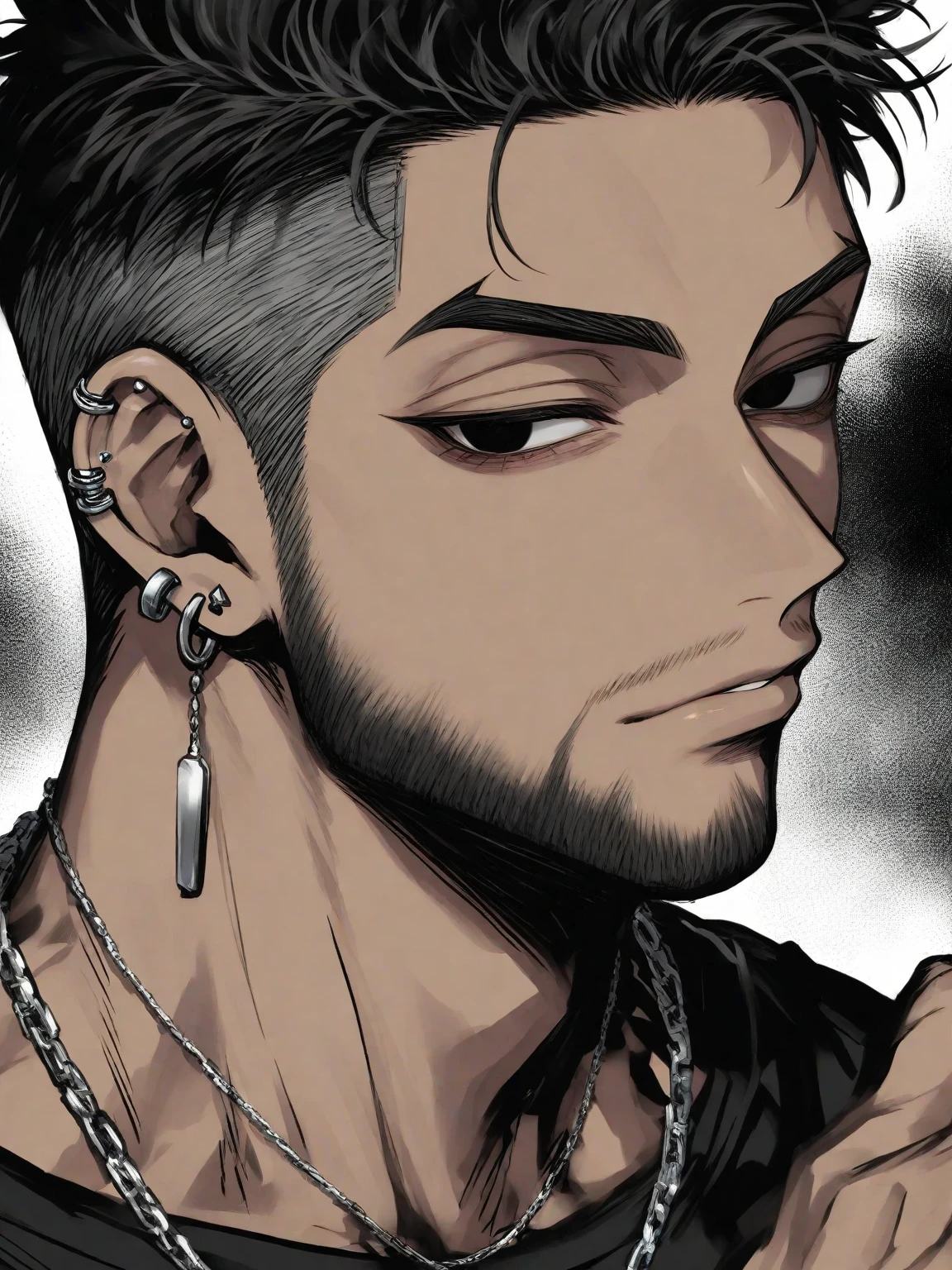 zPDXL, score_9, score_8_up, score_7_up, score_6_up, score_5_up, score_4_up, 1girl, bare shoulders, black hair, black shirt, black tank top, blue eyes, blunt bangs, closed mouth, collared shirt, cowboy shot, earrings, from side, hand up, jewelry, large breasts, long hair, long sleeves, looking at viewer, makeup, male focus, multicolored hair, multicolored jacket, muscular male, mustache, nail polish, neck tattoo, official alternate costume, pectoral cleavage, piercing, scar on face, shirt, simple background, slit pupils, solo, tank top, thick eyebrows, turtleneck, upper body, white background, white hair, <lora:byeongju:1>