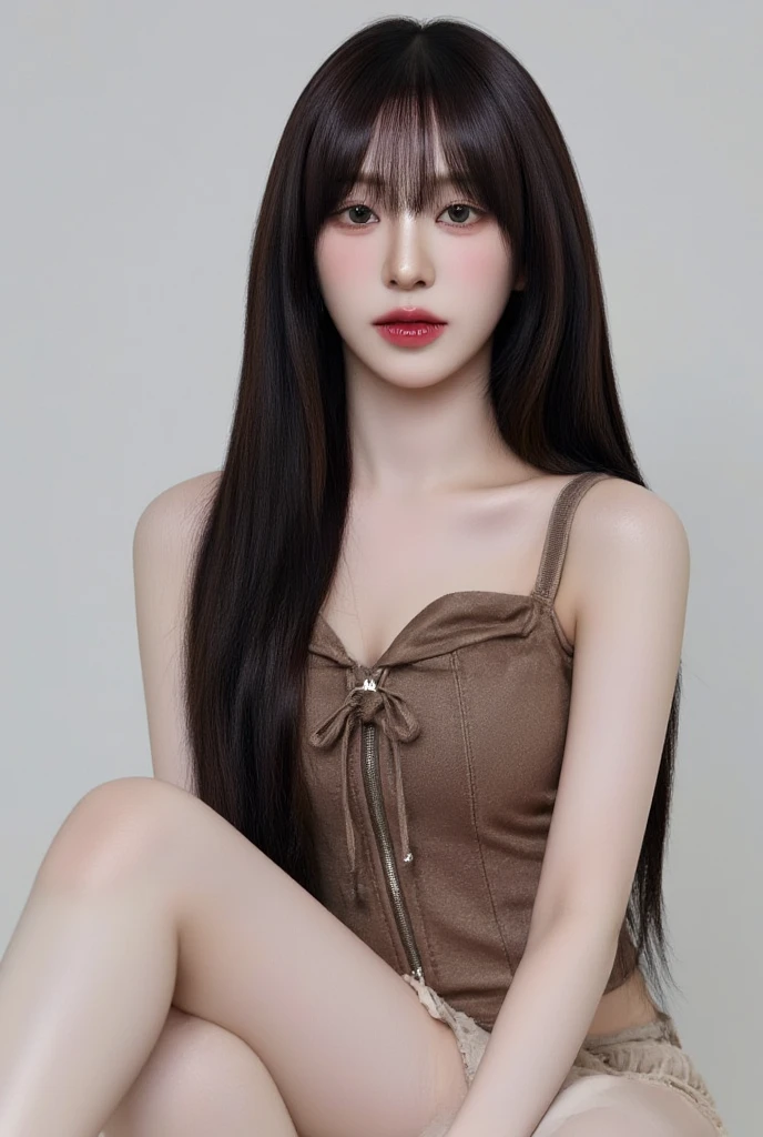 (8k, RAW photo, best quality, masterpiece:1.2),(realistic, photo-realistic:1.4),ultra-detailed,perfect detail,looking at viewer,make up,close up,dark room,dimly lit,rim lighting,dimly lit, (Show one ear:1.4),side-swept hairstyle,Scattered hair,Flowing hair,hair to one side,brown hair,Brush the hair to one side,puffy hair,wavy hair,messy hair, very sultry,seductive, very long eye lashes , very large breasts,(pussy:1.2), (red_clothes,Grey_skirt,sleeveless),hand to mouth,
