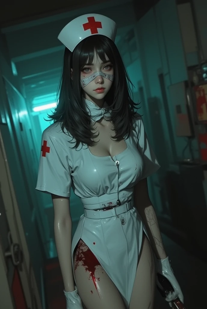 k hd,Kizi,Bloody face,bloodstained clothes,wounded,zombie,nurse's outfit,an empty hallway,hospitals,Biting marks,Scratched clothing,Damaged clothes,White nurse's cap