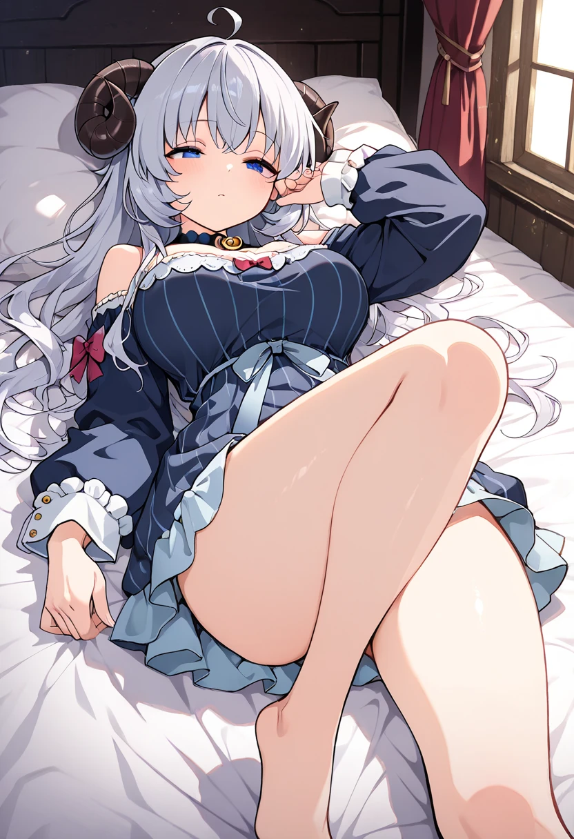 masterpiece, high high quality, A high resolution, Alone, Girl with light white hair ,Twist braids (Colossal tits, nipple slip, blue lingerie, garter belt, fishnet stockings, sweating profusely, Lie down in bed,锁链, white sweat, white liquid on stomach, Female bed, unkempt, cosmetics, to express happiness, keen vision, lie, from the above,((legs are open)) Both thighs thick, open your mouth and scream, The head is tilted back, opening eyes, Pretend to sleep, shaggy, Heavy breathing, expression of anguish, Reddening cheeks, staging,Black fishnet stockings wrap around thighs --auto --s2