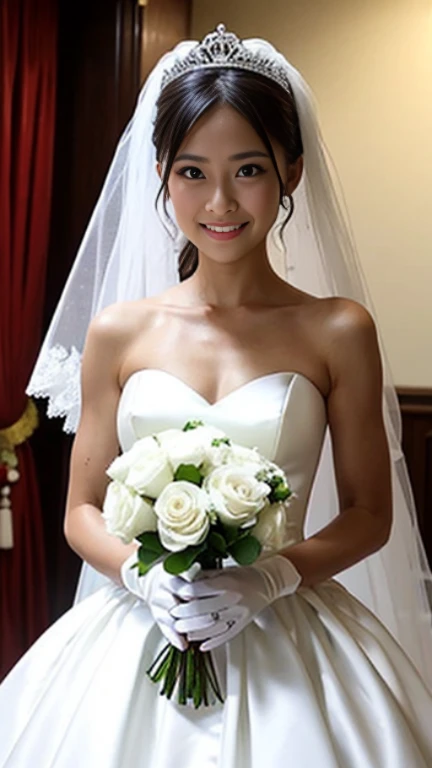 Medium Size Display, Medium Shot, Written boundary depth, bust, Upper Body, Movie angle, masterpiece, Highest quality, Very detailed, CG, 8k wallpaper, Beautiful Face, Delicate eyes, Otome, alone, smile, bangs, skirt, Formal blouse, Bouquet of lilies