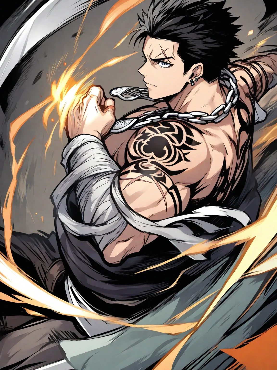 Ultra Supersayajin, black hair color diamond gradient, red eyes with black outlines painted around the eyes, black clothing with white dragon tatoon print, open mouth screaming, fighting with much fury against enemy, scenery in heaven and earth destroying everything