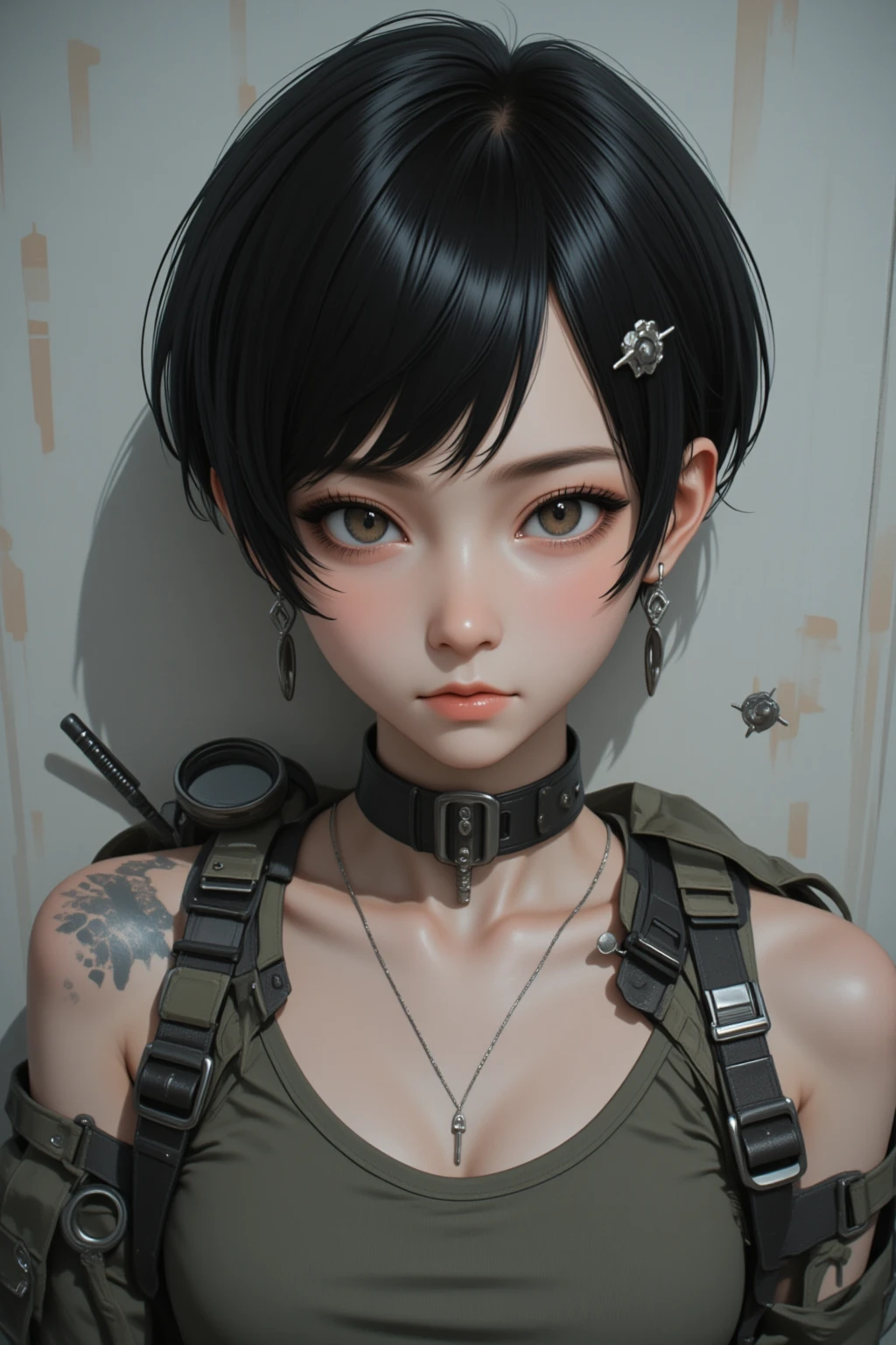 1girl, kurotsuchi, black hair, short hair, black eyes, brown clothes, home background, realistic, ultra detail