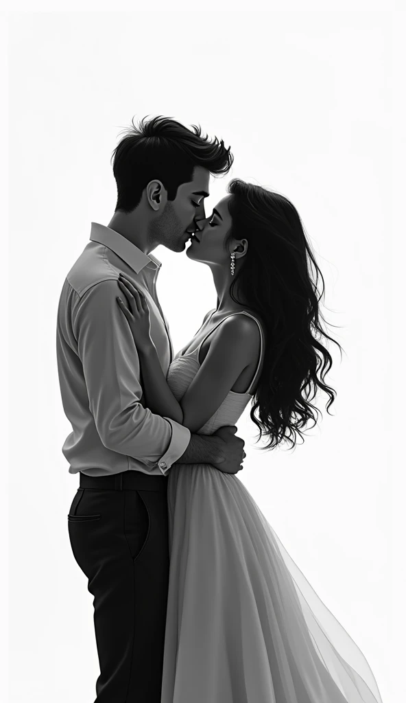 Black and white drawing of a couple whose faces are shrouded in shadows, It's full-bodied and also, The two are looking at each other