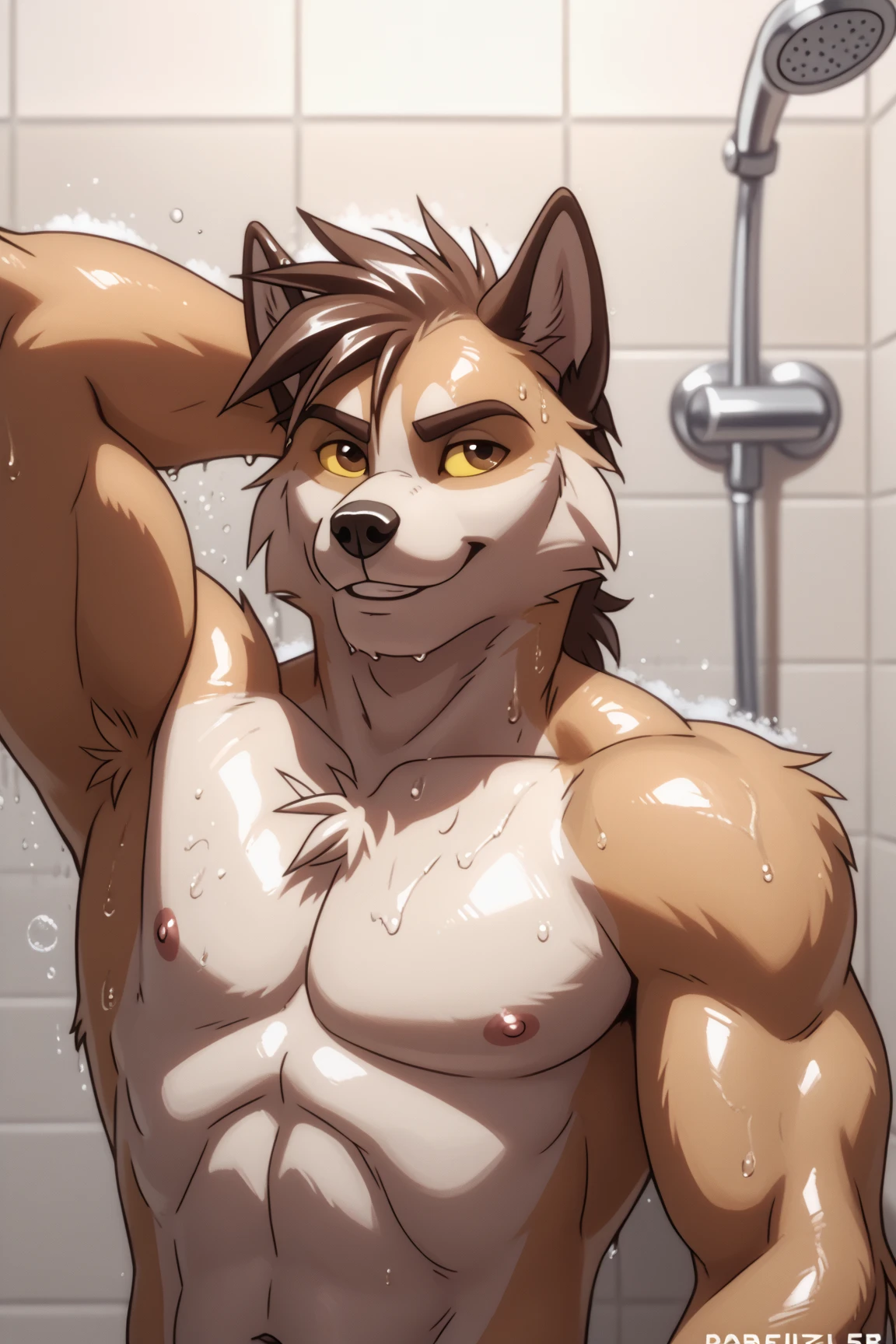 Wolf called Vulgar from a visual novel called Far beyond the world, taking a shower while being naked and looks handsome