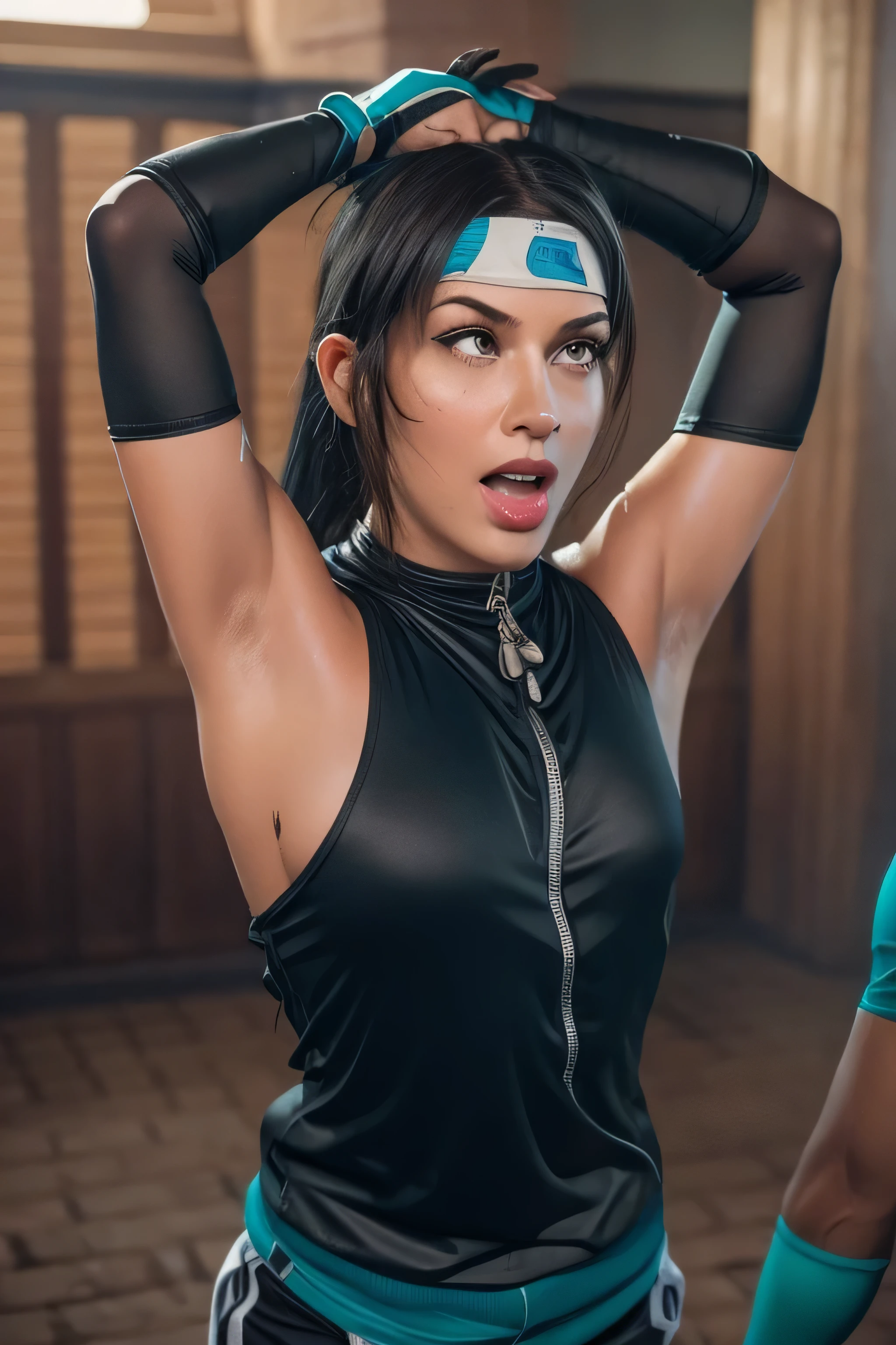 1 girl, standing, beautiful Lidia Sobieszka,18 years old, Cups, Black thighs, arm warmers, , shorts, black hair, big chest, big ass, medium breasts,capture anime screen, mature appearance,armpits,sweat,sweaty,sweaty armpits,arms up,showing armpits,awesome armpits,outfit, black arm warmers, black arm bands, arm warmers