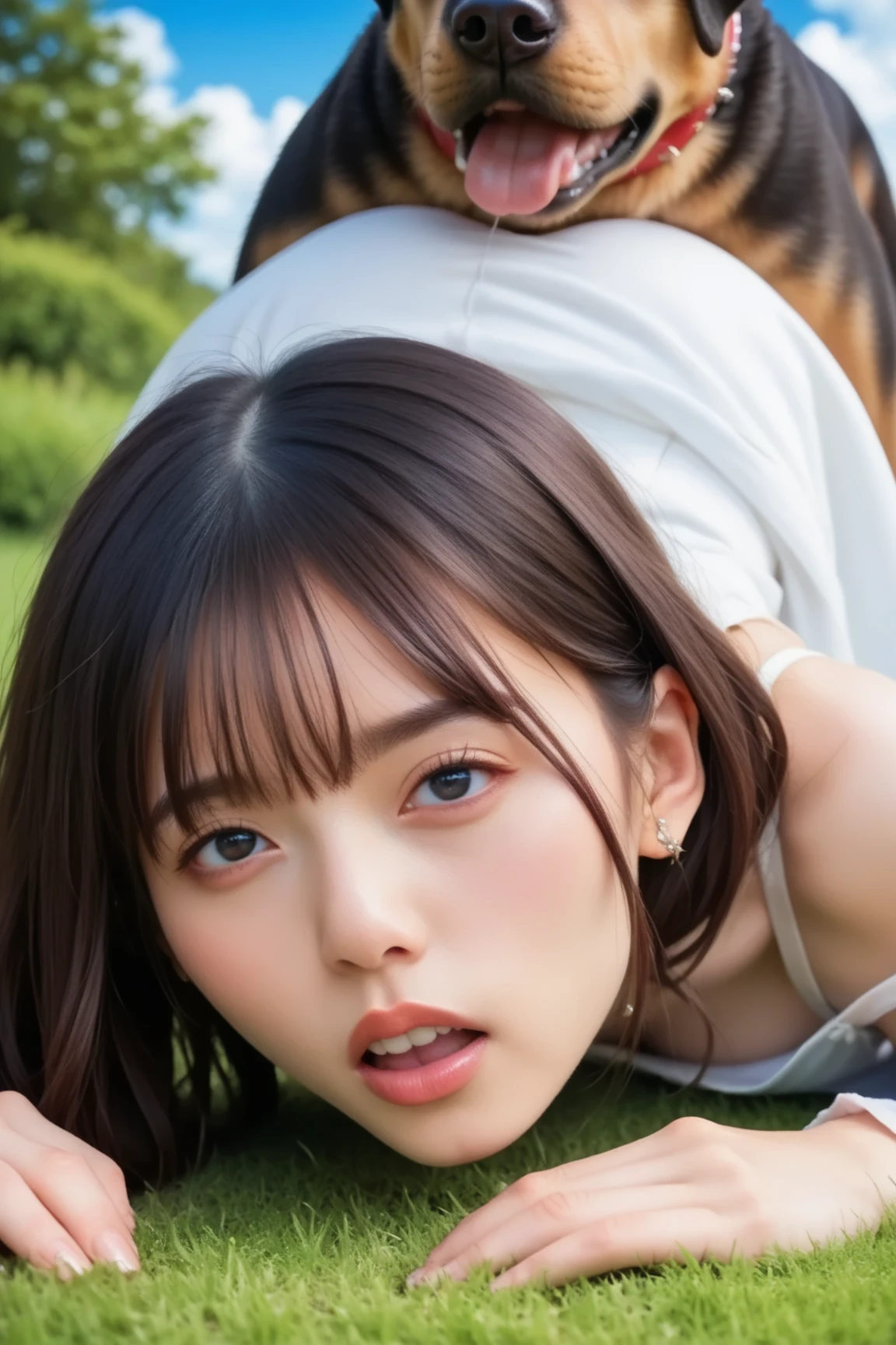 (8k, RAW photos, highest quality, masterpiece: 1.7), (Realistic, Photorealistic: 1.9), 28 years old, nsfw, black hair, (blushing), tent, (nude, naked), (suck penis), (ejaculating into mouth), (Cum in the mouth), side angle,