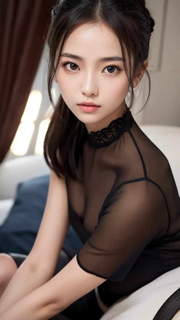 Professional photo-realistic images。A lively Japanese woman with short, fluffy brown hair wearing a wide-necked T-shirt without a bra。She is leaning forward and looking up at me.。Her nipples are visible through the gap in her collar。(flat chest:1.6), Front view from above。She is blushing and looking at me with an embarrassed face.。nsfw