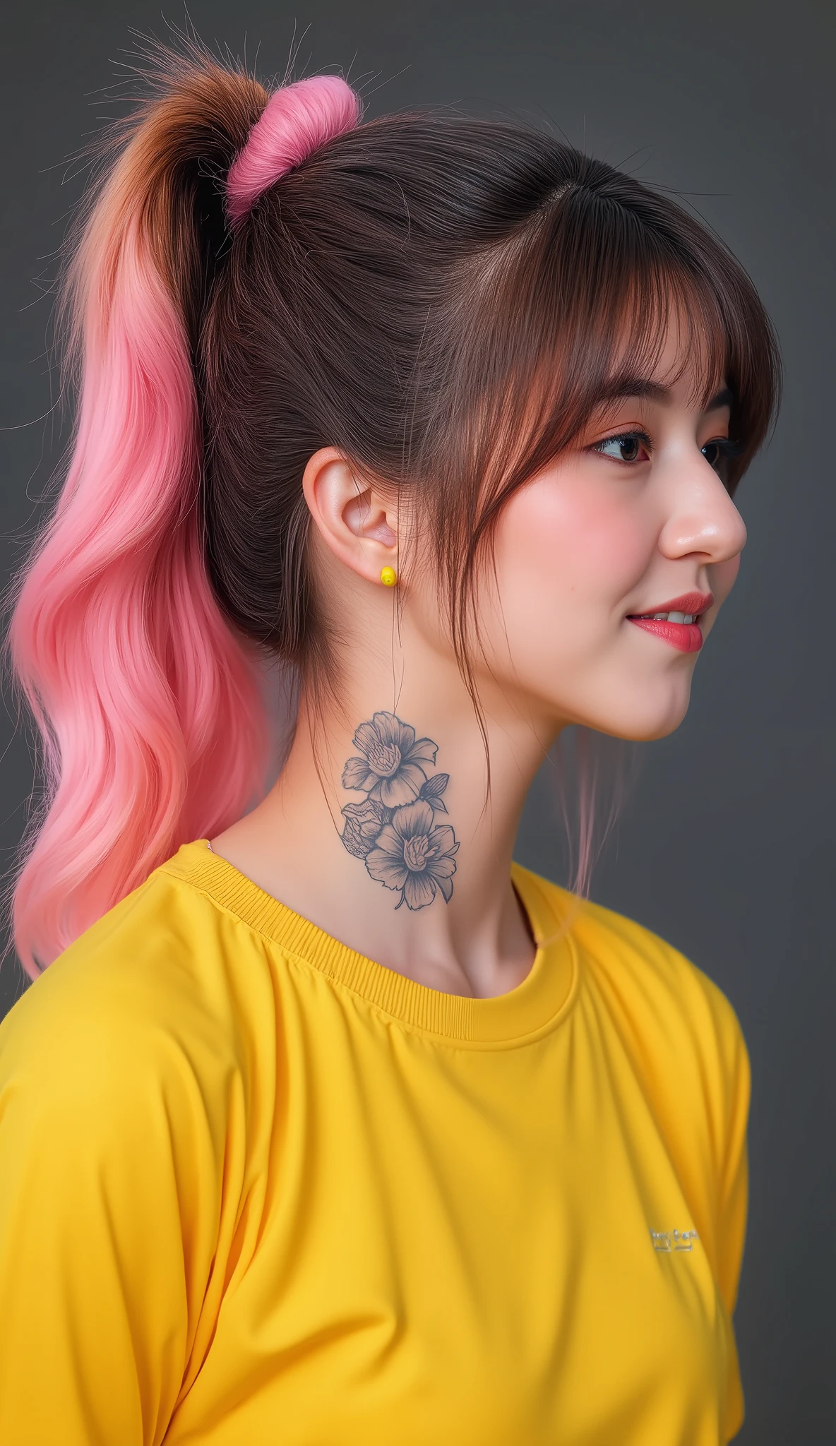 8k, Masterpiece, Top Quality, close-up portrait, eye-level, profile three-quarter view, woman with long wavy pink hair in high ponytail, face-framing strands, grey floral tattoo on neck, looking away profile, soft dreamy expression, wearing yellow t-shirt and bright yellow on-ear headphones, minimalist casual style, soft diffused lighting, even illumination, plain bright dark background
