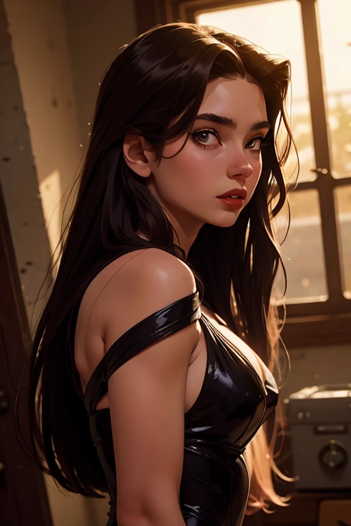 1 woman (green eyes, white skin, black hair with ponytail, choker, small breasts, slim, makeup, eyeliner, shine), lying in bed with leather corset, arms up, armpits, headphone, cyberpunk bedroom, computers, night lights, photo raw