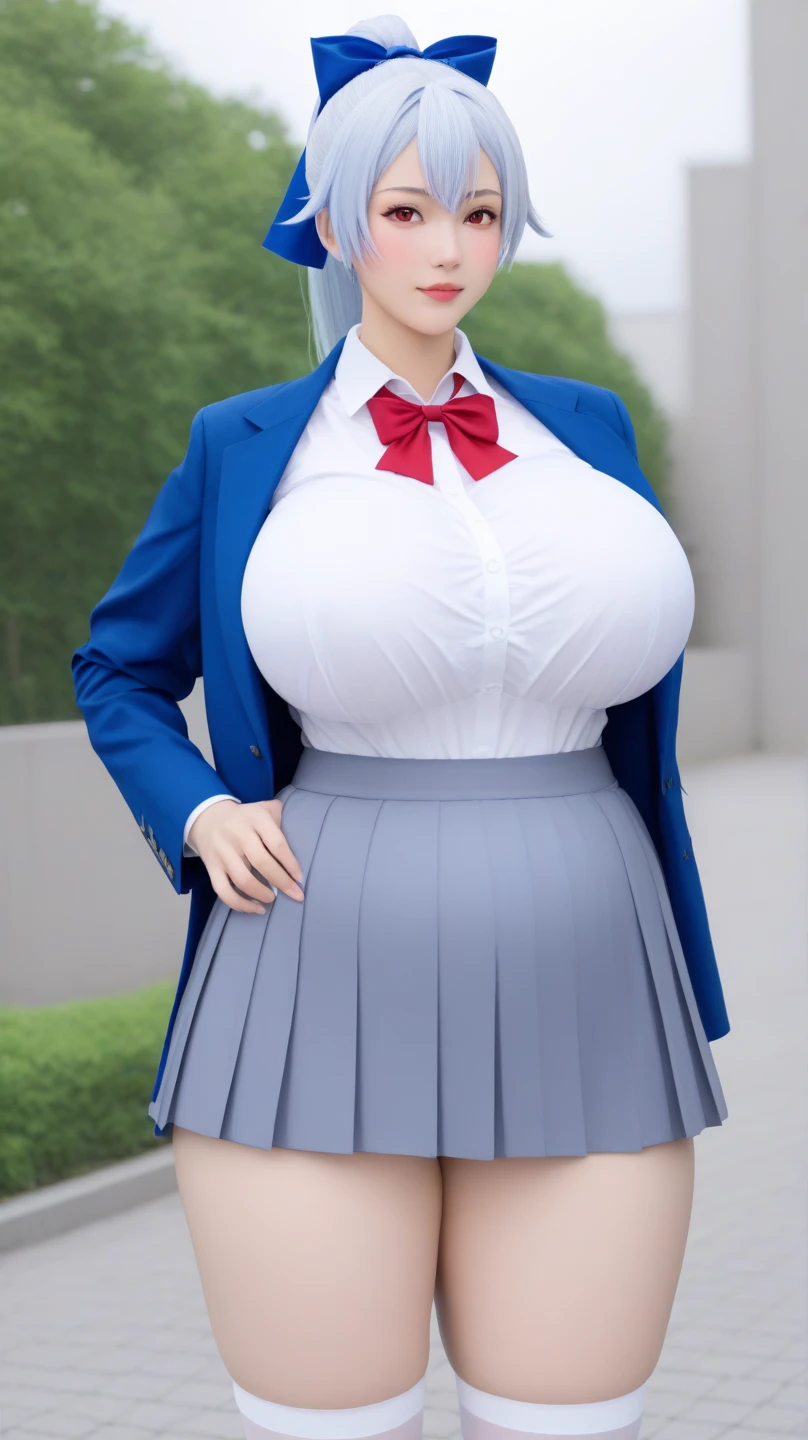 samus aran, collared shirt and pleated skirt, fluttering hair, long ponytail, long wavy hair, long curl hair, huge tit, thick thighs, huge hip, long eyelashes, eyeshadow, blush, gentle smile, upper body from below, spread legs, hands on hip, river in meadow