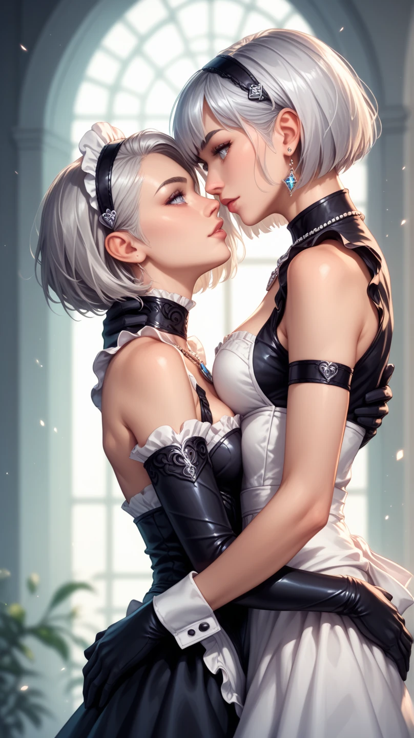 ((High quality)),masutepiece,(Detailed depiction of local details:1.2),1girl in,blue eyes,Plump breasts,Enchanted Valley,Closed mouth,Eyelashes,Portrait,solo,White hair,black theme,Short hair,Silver hair,yorha no. 2 Type B,(((White hair and black hair)))、Full body view、((Two girls dressed similarly))((Woman in white underwear、Woman in black underwear))((Two people smiling))((Light skin and dark skin))(((Black Hair、Dark Skin、Woman in Black Dress)))((white thong))((black thong))Stick your butt out ((Two people who kiss with their tongues)) ((Two people intertwined in a double bed))