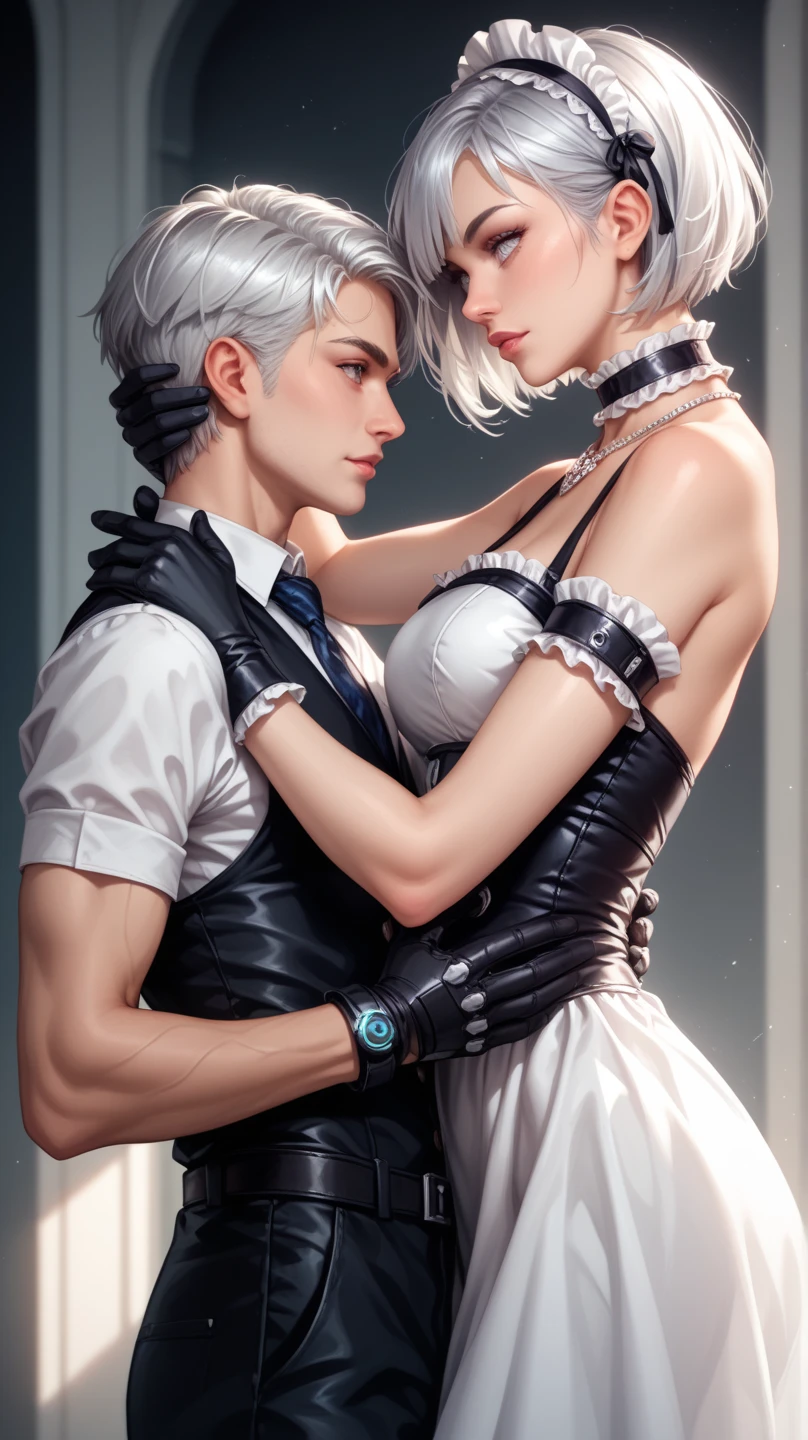 ((Best quality)), ((masterpiece)), (detailed), ((perfect face)), ((Half bodies)) perfect proportions, they are a couple of vampires, (adult man with dark hair in a biker suit), (Young teenage girl, white hair in a delicate dress), vampire atmosphere, Gothic bedroom background, ((perfect face)) whole body , vampire atmosphere, cuddling
