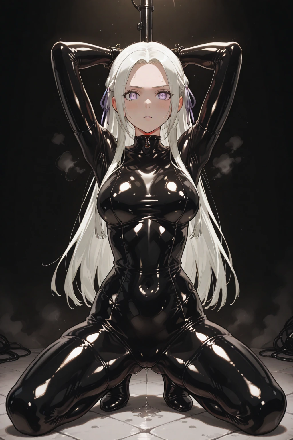 saliva, (((pee))), urination, hood, jacket, (((body suit))), black clothes, black wear, (((black tights))), weapon, cowboy shot, (((blindfold))), beautiful face, masterpiece, super fine illustration, ultra high res, masterwork, best quality, cg unity 8k wallpaper, official art, ultra detailed, squatting, full face blush, smile broadly, evil smile, fucked silly, vulgarity, rape face, open legs, groin, spread legs, head to toe, super detailed skin, (((open mouth, stick out tongue, long tongue, tongue out, tongue))), gleaming skin, oil skin, shiny skin, breasts, black loafers, groin focus, happy, (((bangs))), clothed, (((open legs))), groin, (((spread legs))), squatting, string panties, (((breasts skin tight))), outdoor, road background, Alleyway,frown, furrowed blow, Street light, shiny background, asphalt, tightly gloves, black gloves, shiny clothes, pantyhose, (((spiked animal collar))), wet skin,, full body, midnight, black night sky, symmetrical bangs, (((paw pose))), clenched hands, perfect proportion, perfect anatomy, perfect body, nice body, harness bondage, nsfw, torso, (((double hair pin of symmetrical bangs))), (((5 finger))), perfect fingers, beautiful fingers, clenched hands, (((long hair, back hair))), detailed fingers, perfect hands, symmetrical arms, beautiful hands, detailed hands, perfect anatomy, perfect body, perfect proportion, nice body, palm of the hand, orgasm, accurate hands, accurate fingers, ((((((centralize chain leash, single chain leash, viewer holding chain leash, chain leash, one connected chain leash, long chain leash, beautiful chain leash)))))), ((((((animal collar connected chain leash)))))), silver hair,