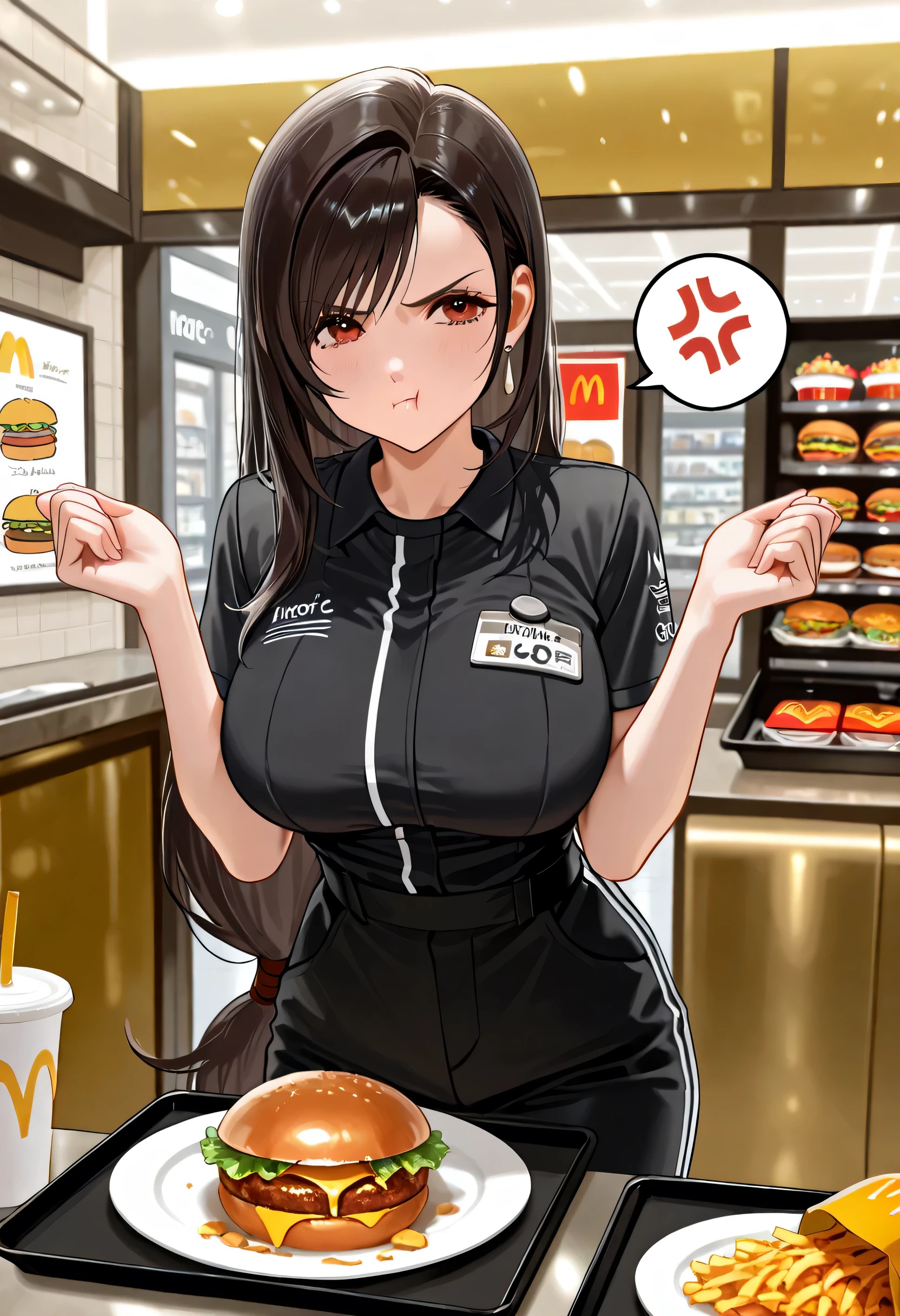 score_9, score_8_up, score_7_up, employee uniform, mcdonald's, black shirt, black pants, <lora:McDonaldsUniform_pdxl_Incrs_v1:1>, food, plate, pout, :t, closed mouth, 1girl, indoors, cowboy shot, tifa lockhart, large breasts, hands up, annoyed, serving tray, spoken anger vein, <lora:Pout_XLPD:0.8>