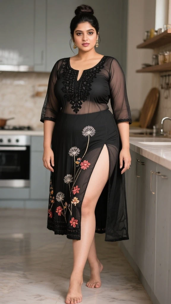 Sri lankan aunty 42 years old curvy body sexy figure fat body hairbun wearing black flower pattern tight long dress at kitchen