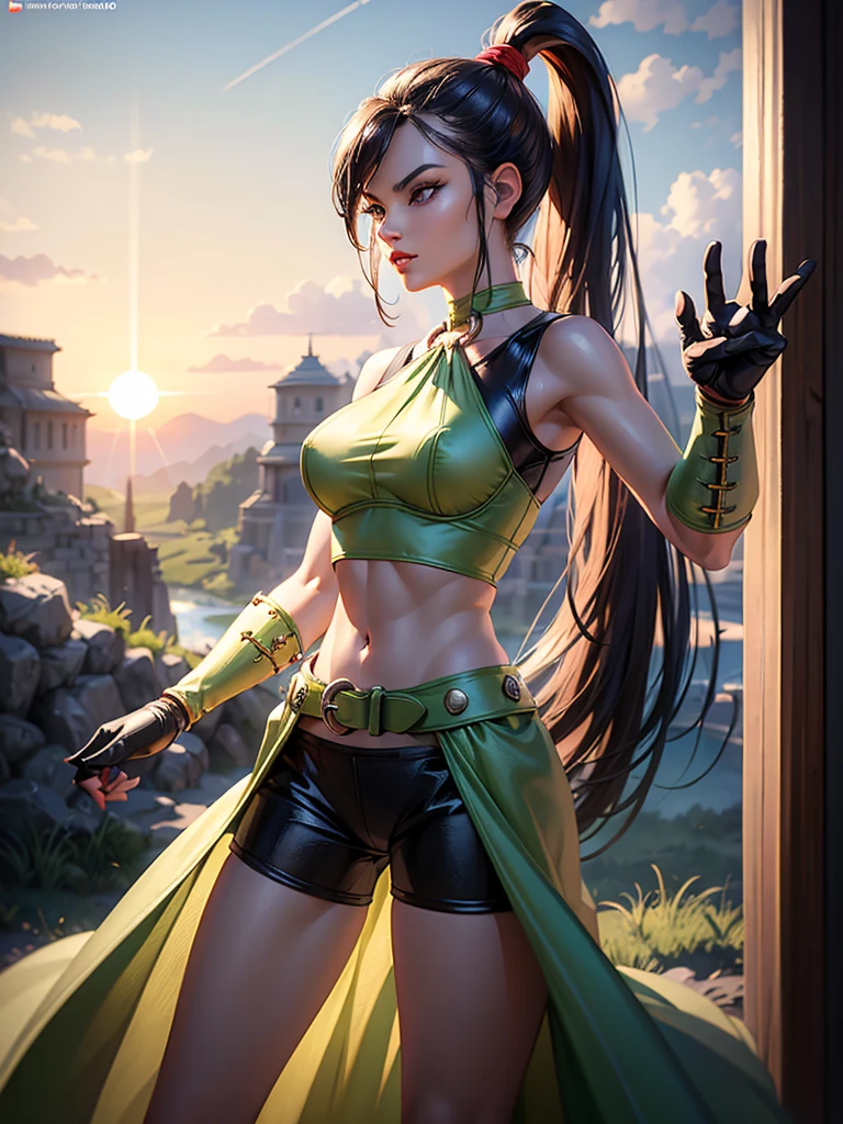 (1girl, martina, purple eyes, purple hair, very long hair, ponytail, hair scrunchie, green choker, o-ring top, tank top, sleeveless, fingerless gloves, green gloves, waist cape, black shorts, green belt, boots, smile),
Graceful poise, evocative atmosphere, magnetic presence, refined seduction, captivating mystique,
Intricate zentangle patterns, a single female figure, astonishing level of detail, generously endowed, full-body composition, striking perspective, a chaotic masterpiece, gracefully poised, inspired by brutalist architecture, vibrant color palette, undertones, outdoors,