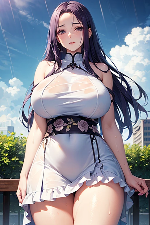deep slit long skirt dress、white china dress、huge tit、Navel out、Aside、See-through fishnet tights、garterbelts、Toro Face、A slender、Drenched in sweat、Arm up、sexypose、Raw navel、Lower milk is visible、Erotic、Open legs
